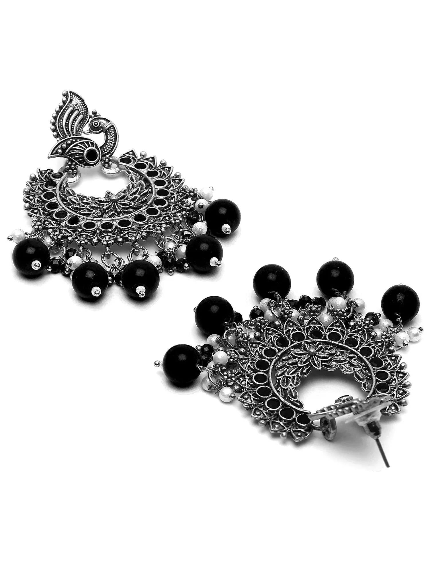 Karatcart Oxidised Silver Peacock Design Black Beads and Kundan Dangler Earrings for Women