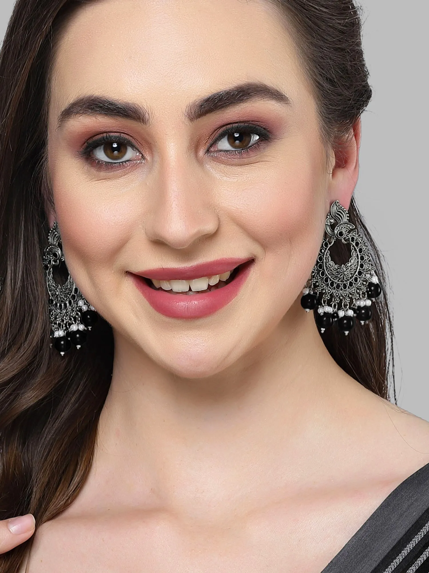 Karatcart Oxidised Silver Peacock Design Black Beads and Kundan Dangler Earrings for Women