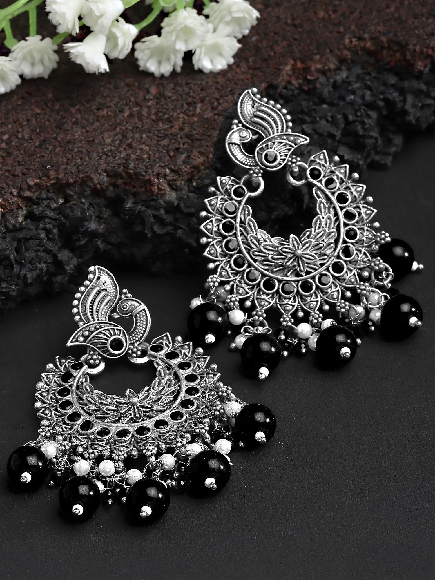 Karatcart Oxidised Silver Peacock Design Black Beads and Kundan Dangler Earrings for Women