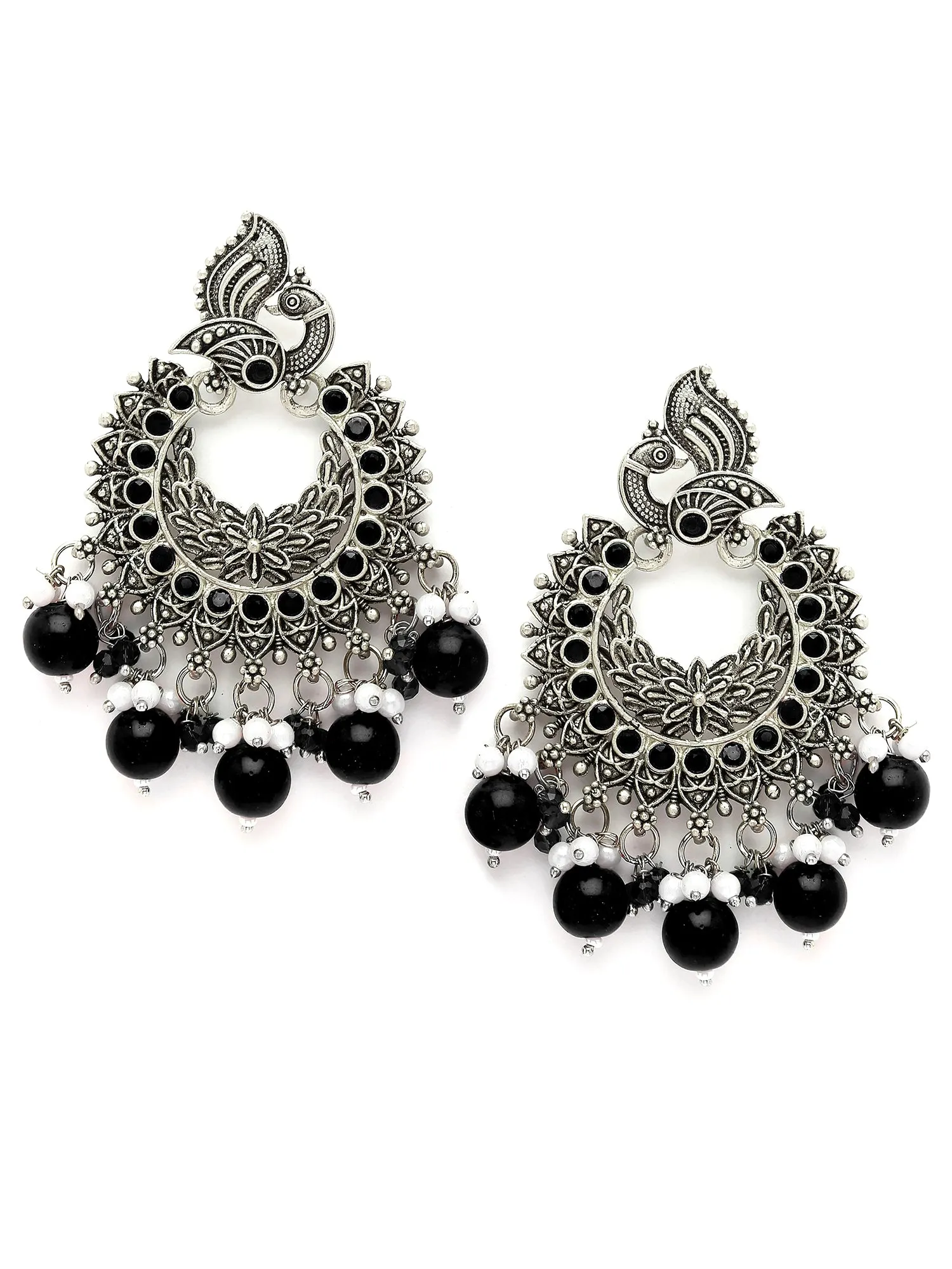 Karatcart Oxidised Silver Peacock Design Black Beads and Kundan Dangler Earrings for Women