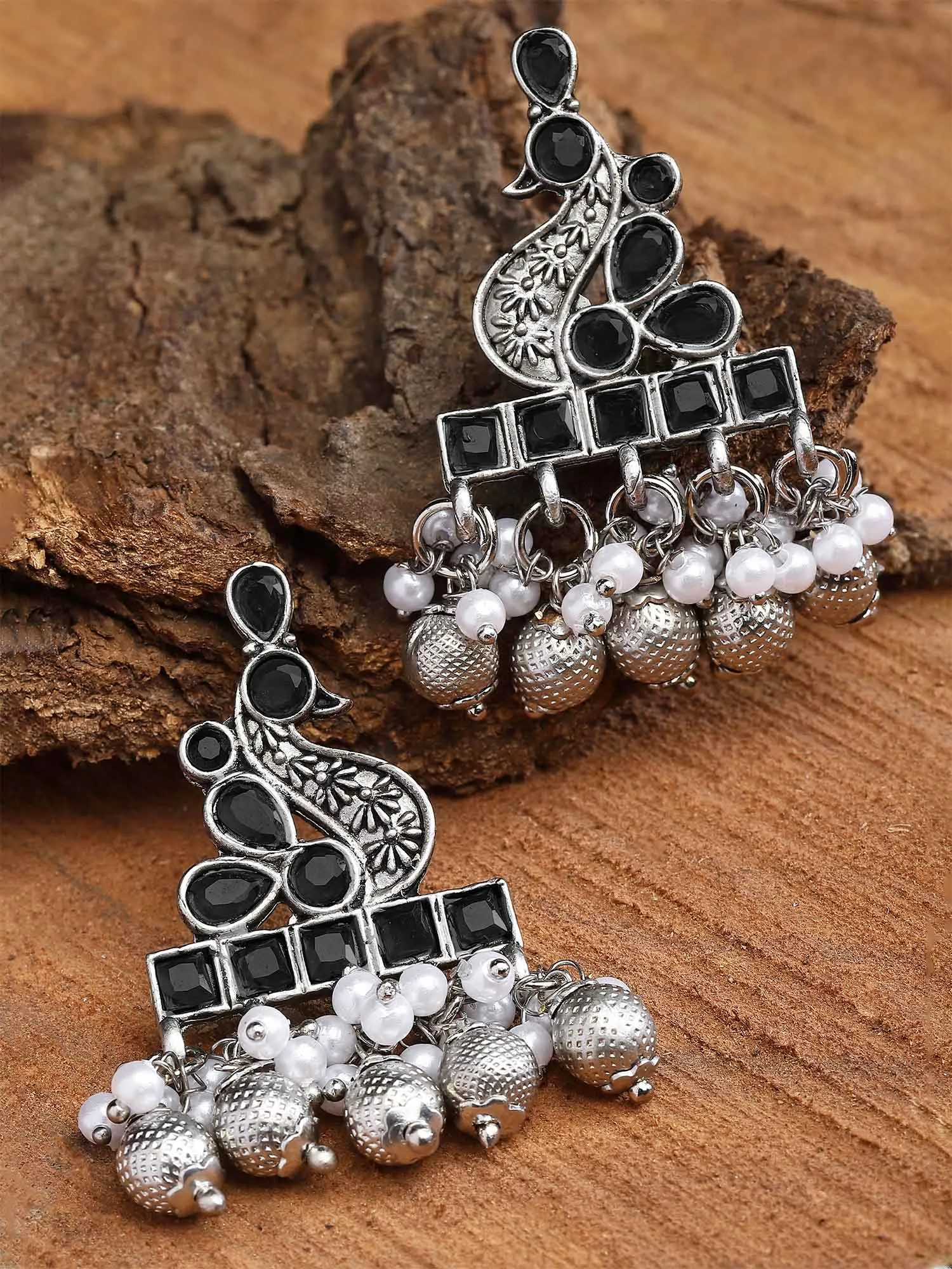 Karatcart Oxidised Silver Peacock Design Black Stone Drop Earring for Women