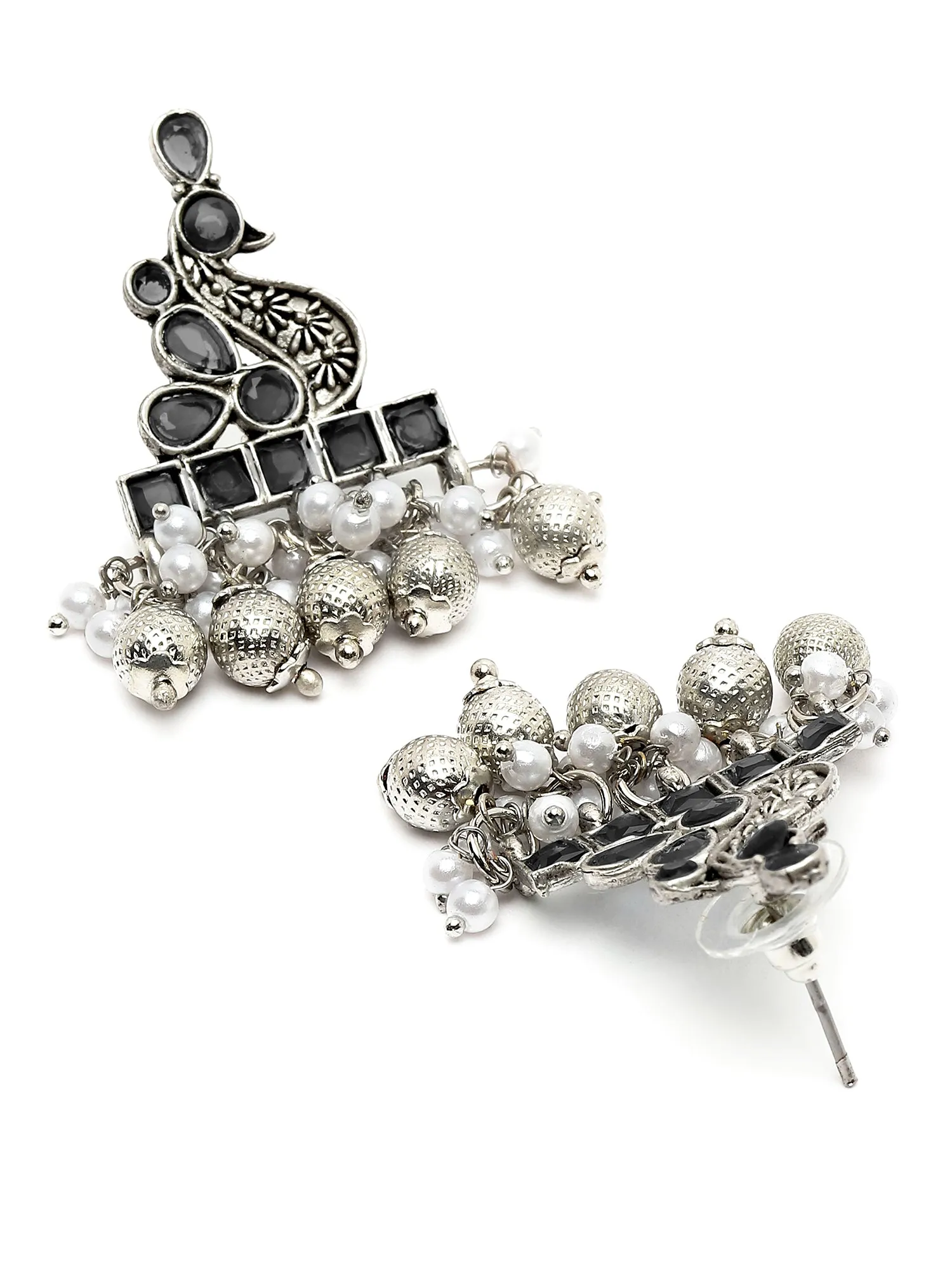Karatcart Oxidised Silver Peacock Design Black Stone Drop Earring for Women