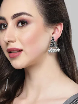 Karatcart Oxidised Silver Peacock Design Black Stone Drop Earring for Women