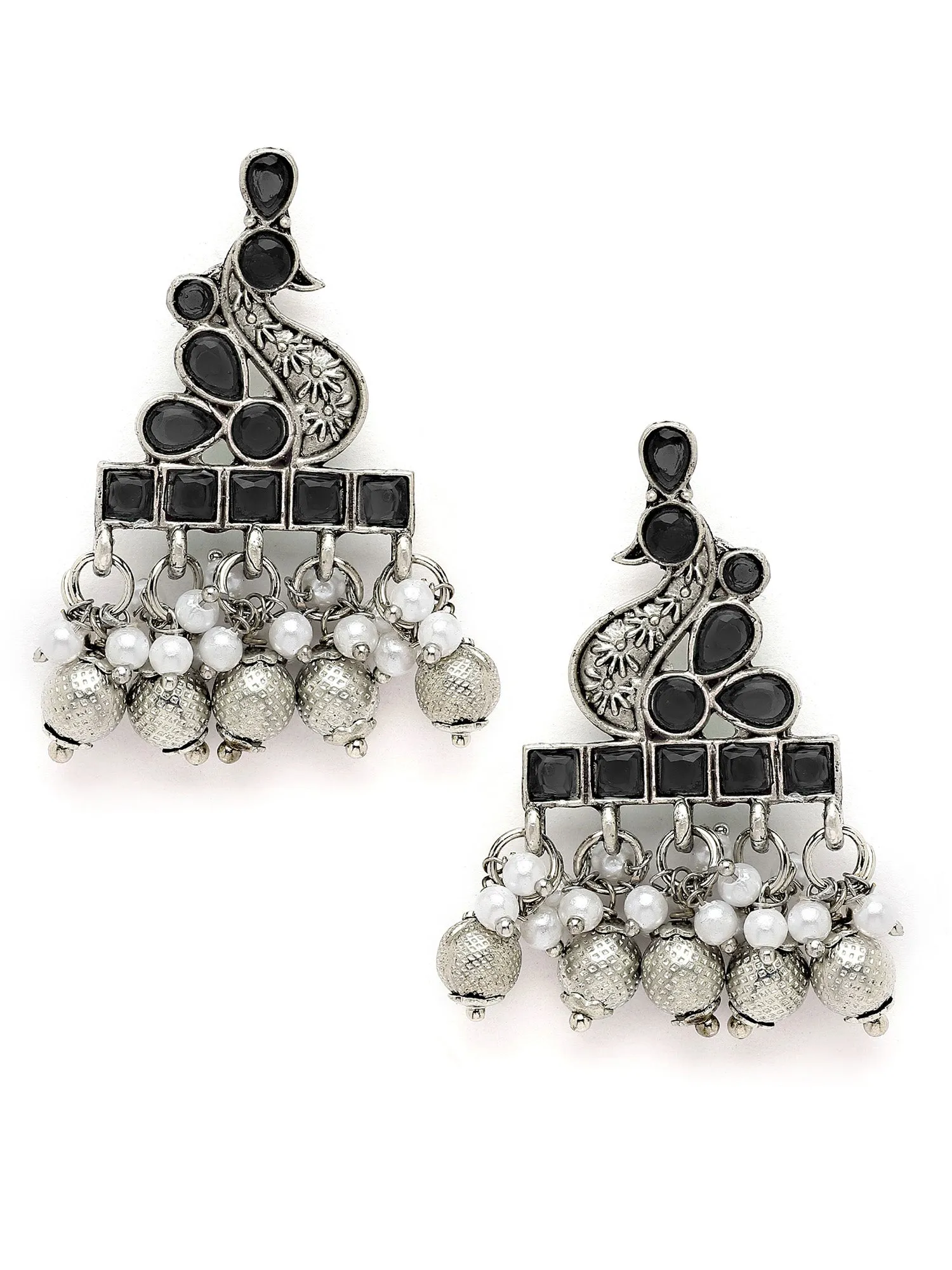 Karatcart Oxidised Silver Peacock Design Black Stone Drop Earring for Women
