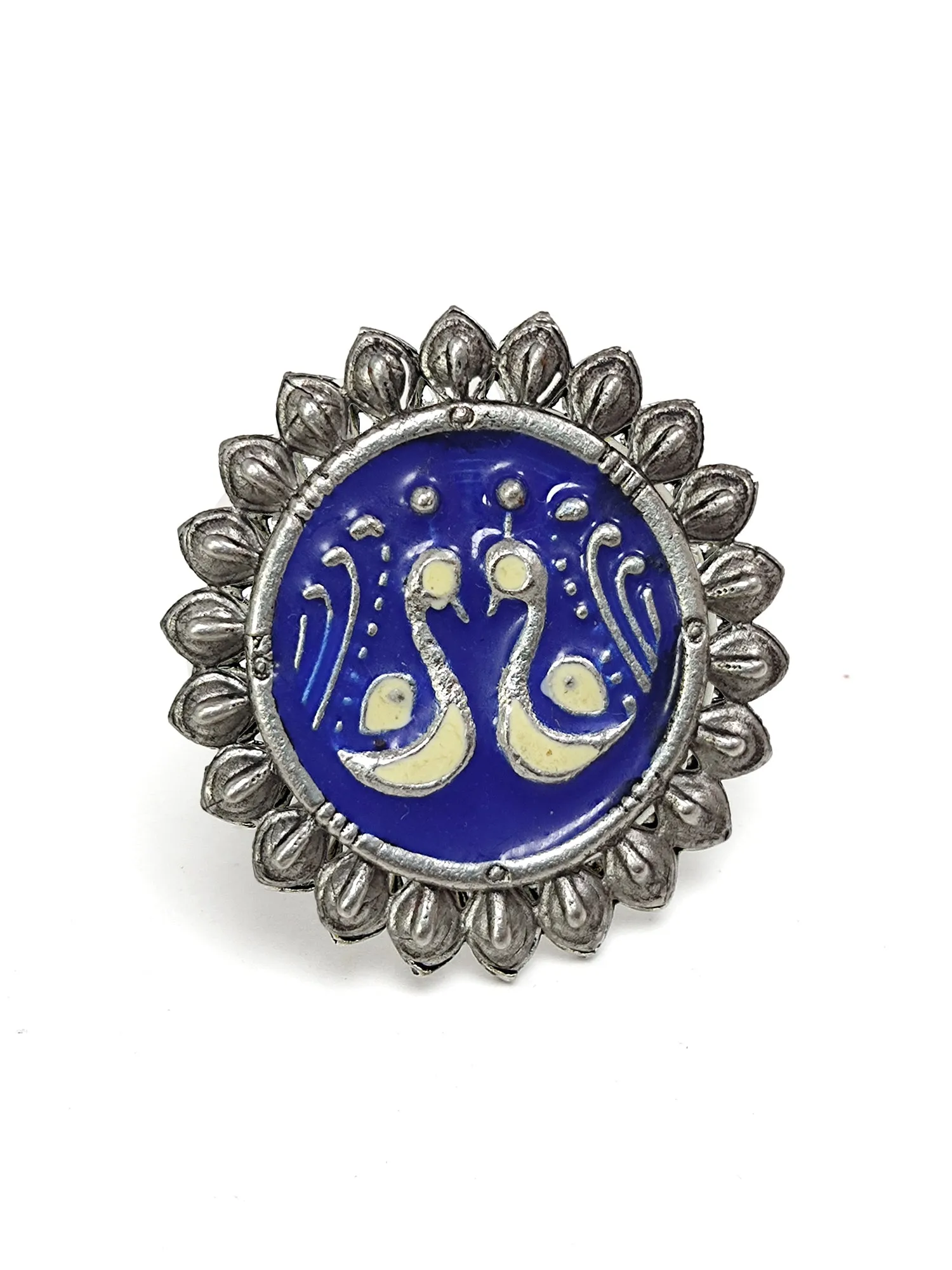 Karatcart Oxidised Silver Peacock Design Blue and Cream Meena Finger Ring for Women