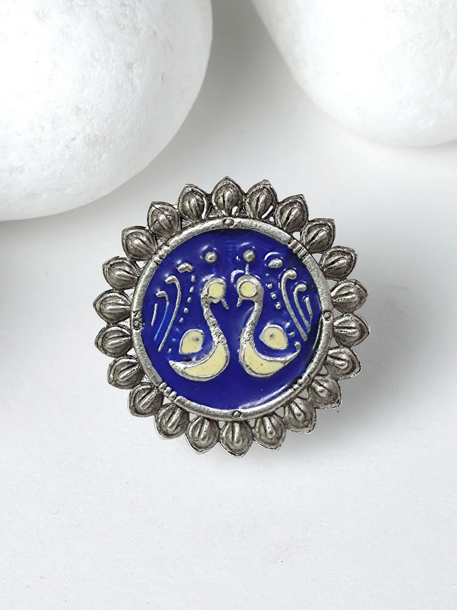 Karatcart Oxidised Silver Peacock Design Blue and Cream Meena Finger Ring for Women