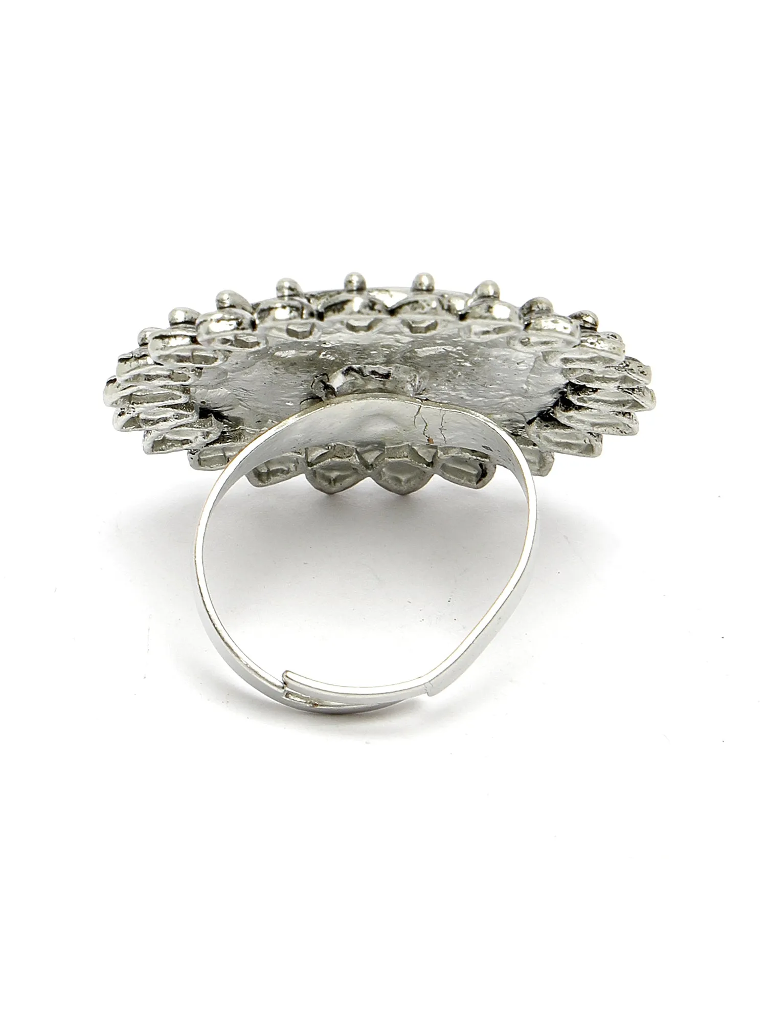 Karatcart Oxidised Silver Peacock Design Blue and Cream Meena Finger Ring for Women
