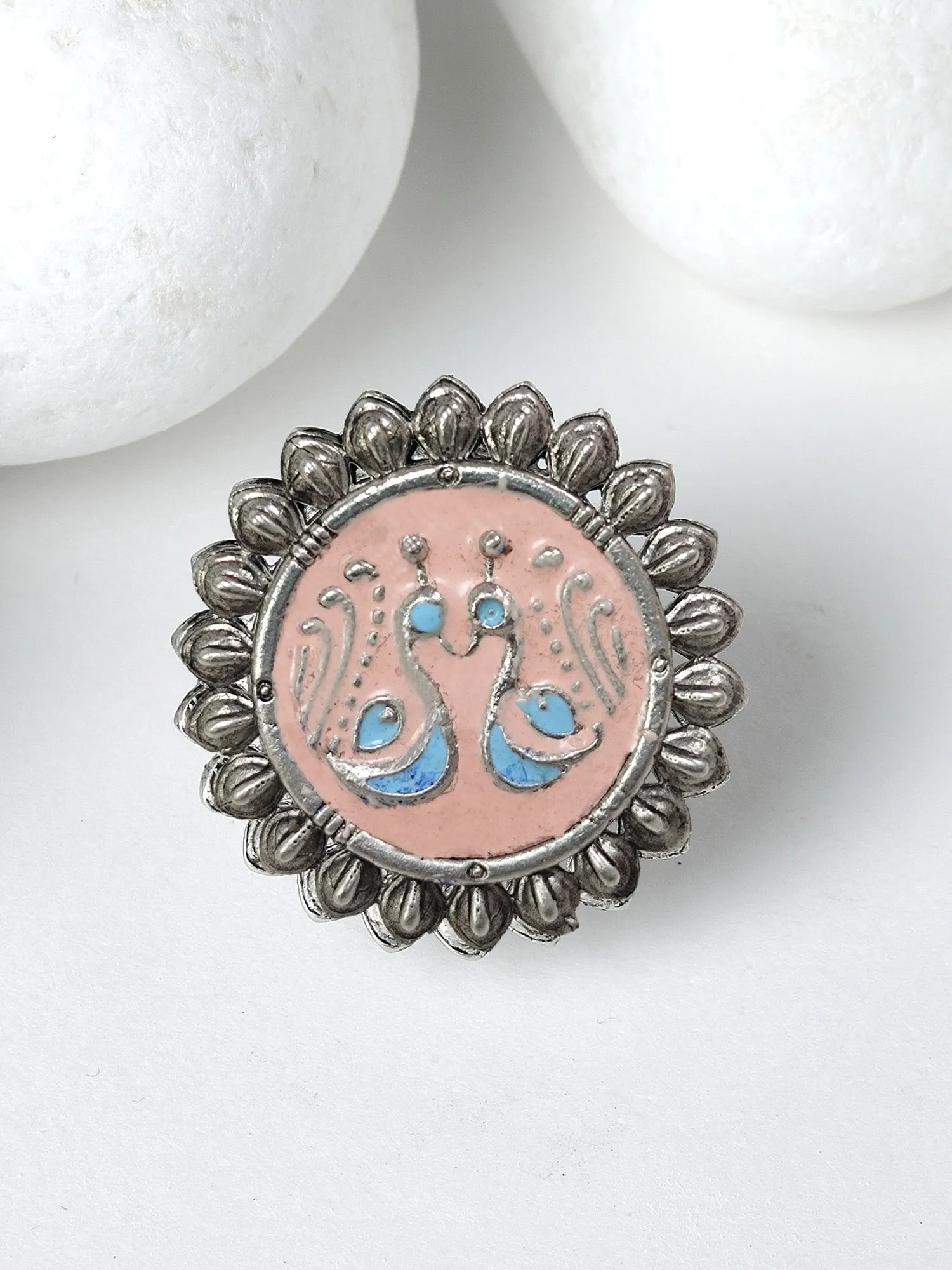 Karatcart Oxidised Silver Peacock Design Blue and Pink Meena Finger Ring for Women