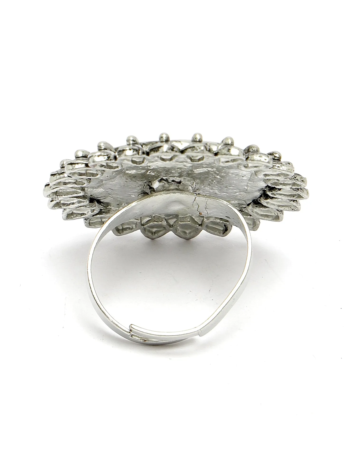 Karatcart Oxidised Silver Peacock Design Blue and Pink Meena Finger Ring for Women
