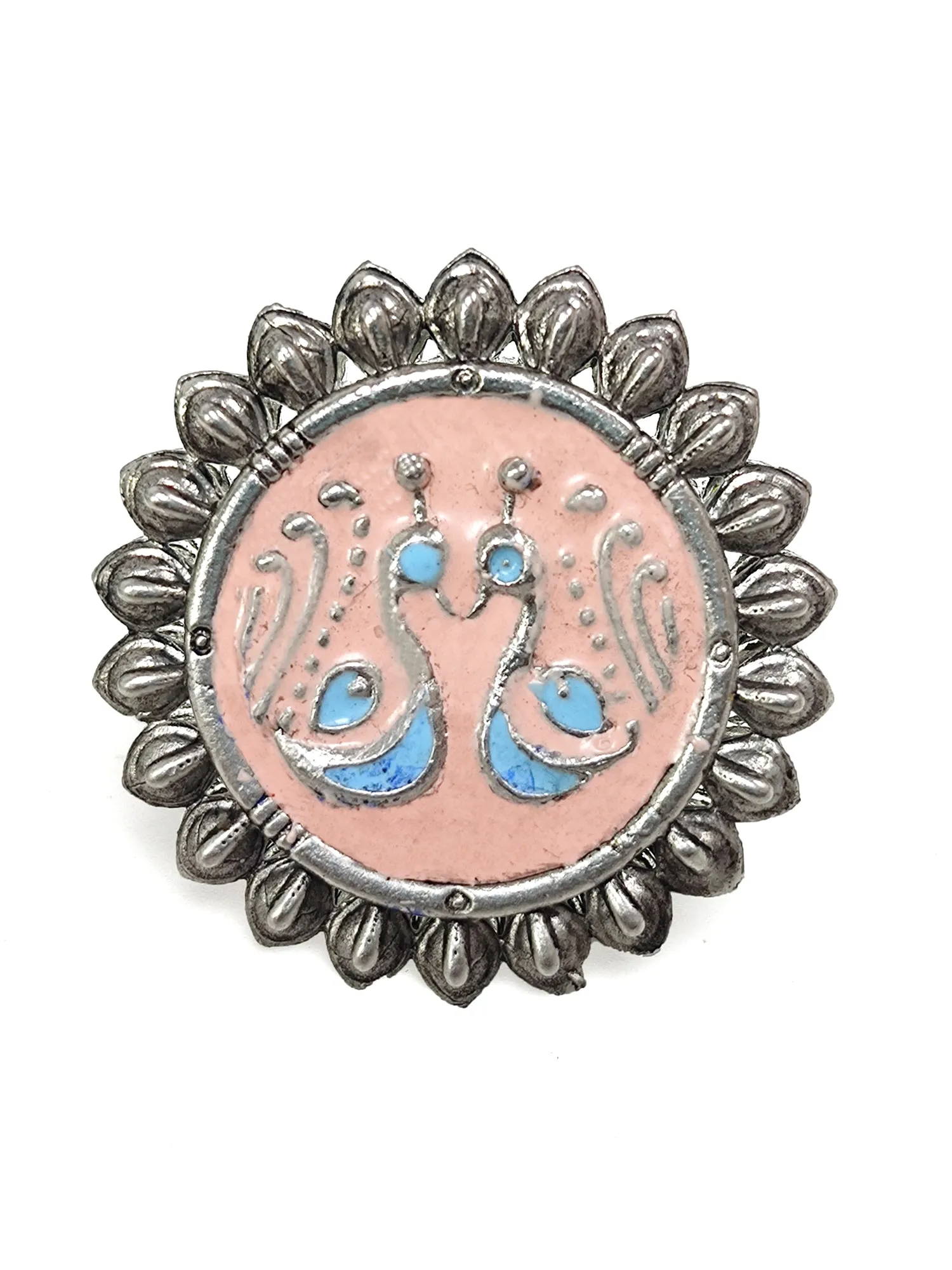 Karatcart Oxidised Silver Peacock Design Blue and Pink Meena Finger Ring for Women