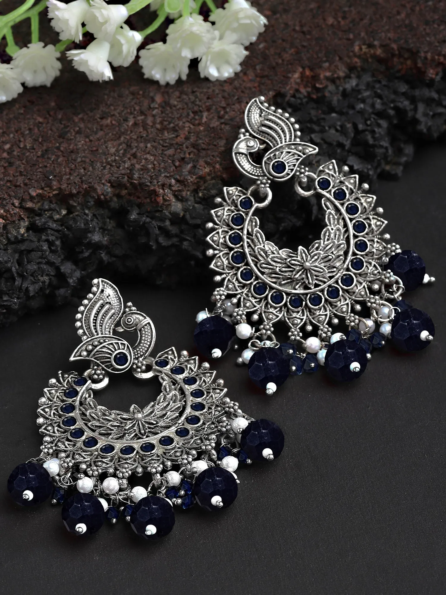Karatcart Oxidised Silver Peacock Design Blue Beads and Kundan Dangler Earrings for Women