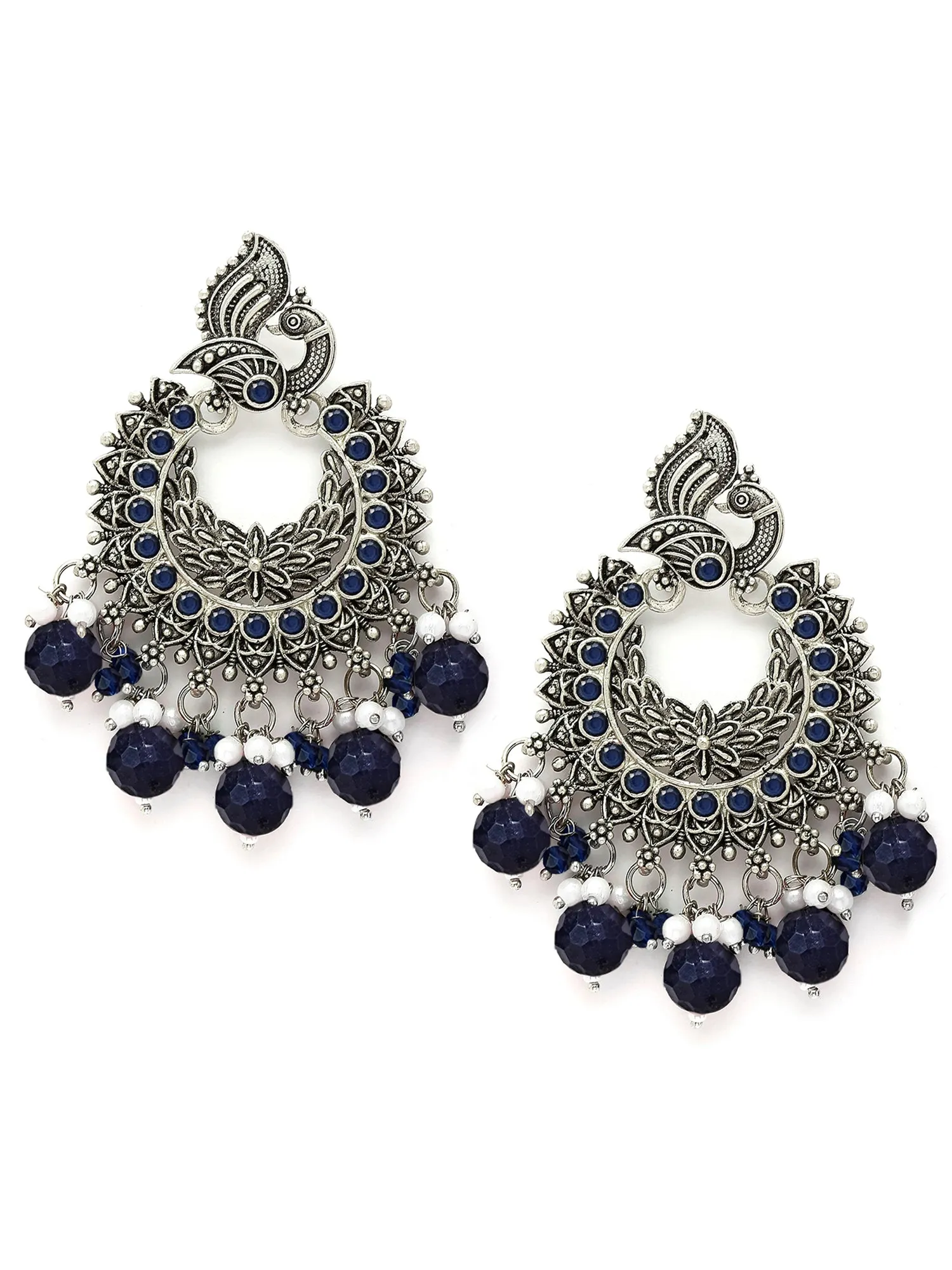 Karatcart Oxidised Silver Peacock Design Blue Beads and Kundan Dangler Earrings for Women