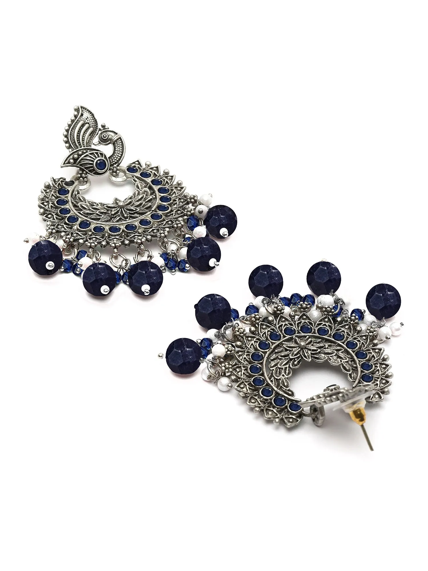 Karatcart Oxidised Silver Peacock Design Blue Beads and Kundan Dangler Earrings for Women