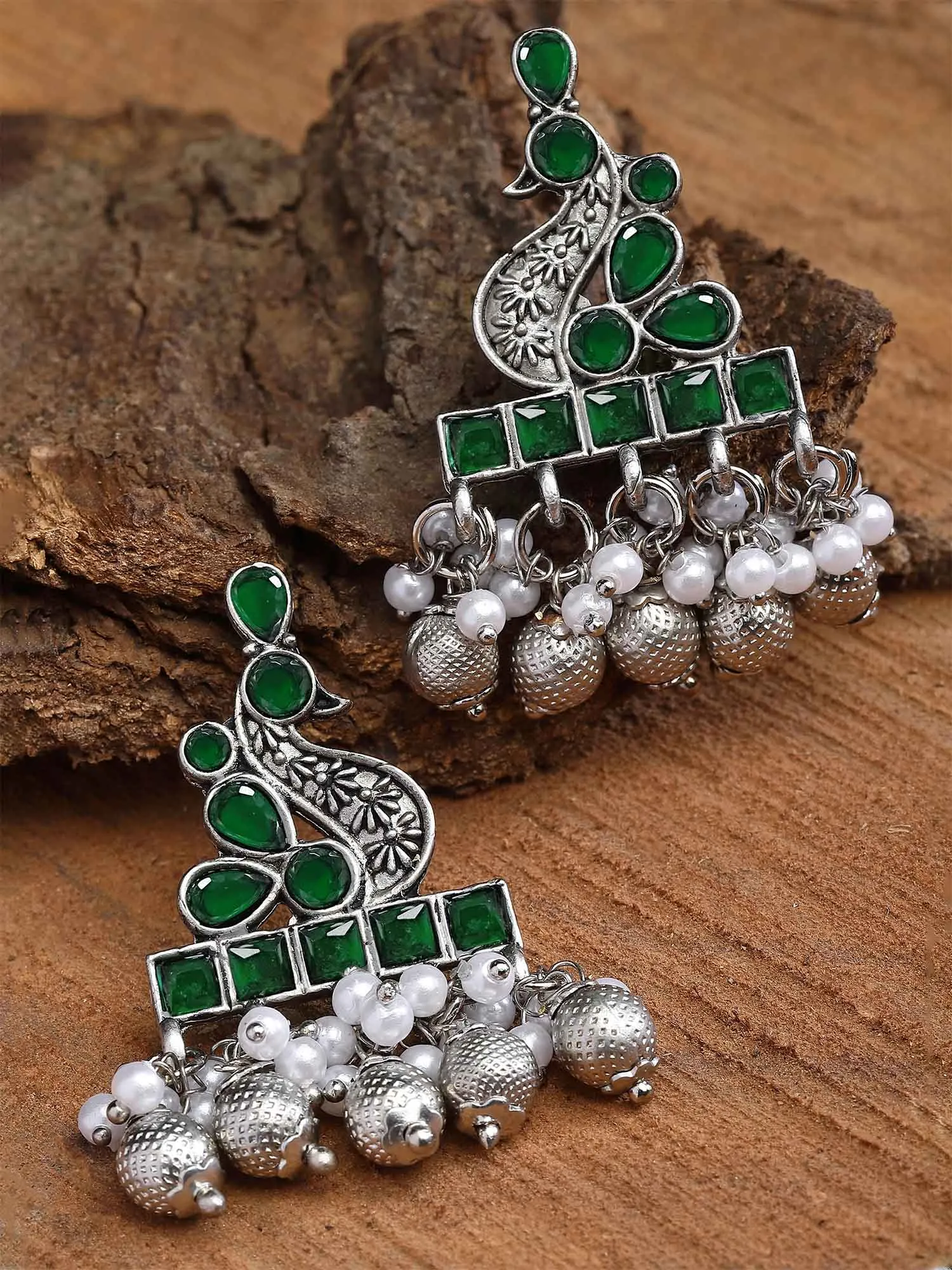 Karatcart Oxidised Silver Peacock Design Green Stone Drop Earring for Women