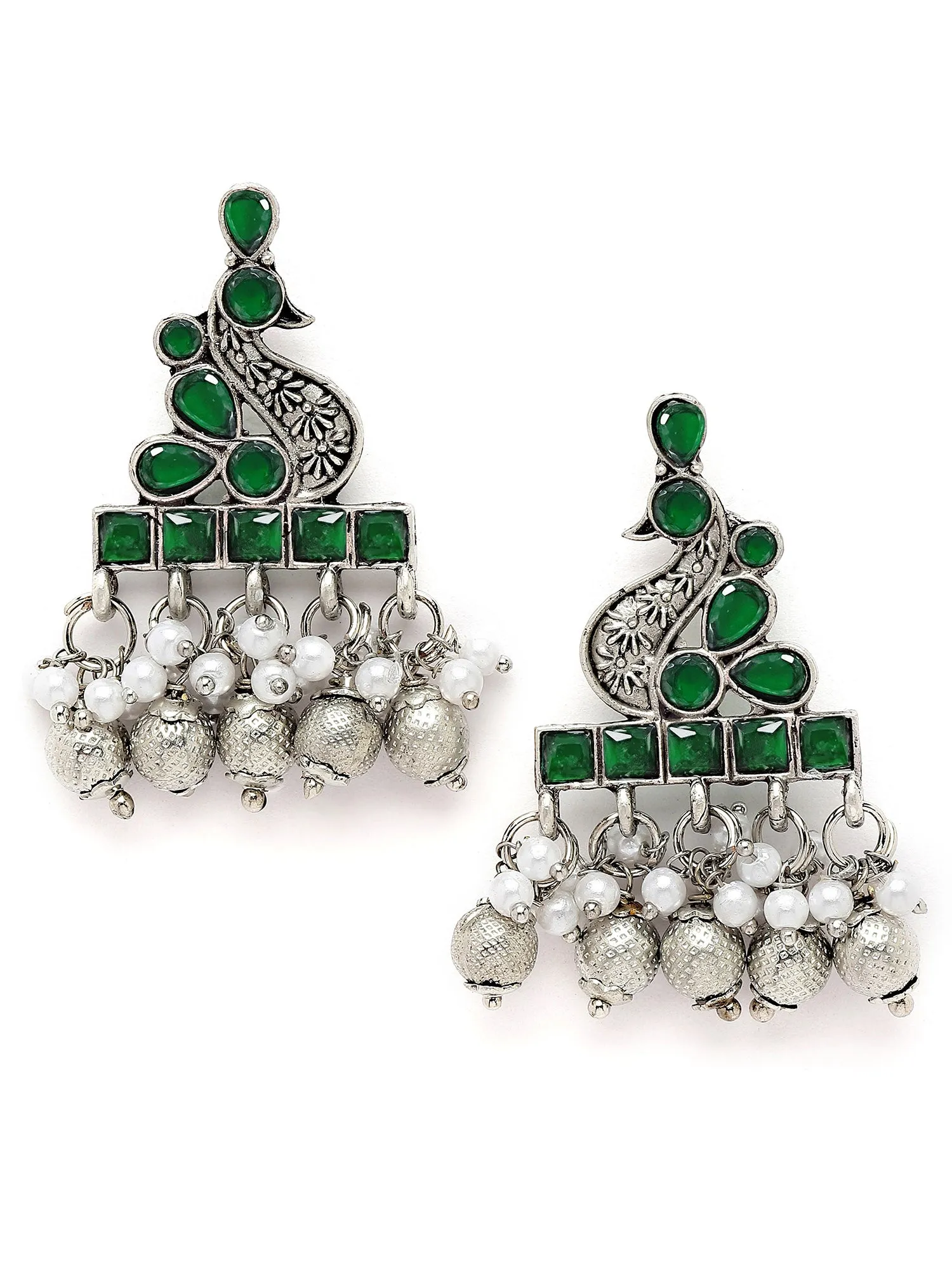 Karatcart Oxidised Silver Peacock Design Green Stone Drop Earring for Women