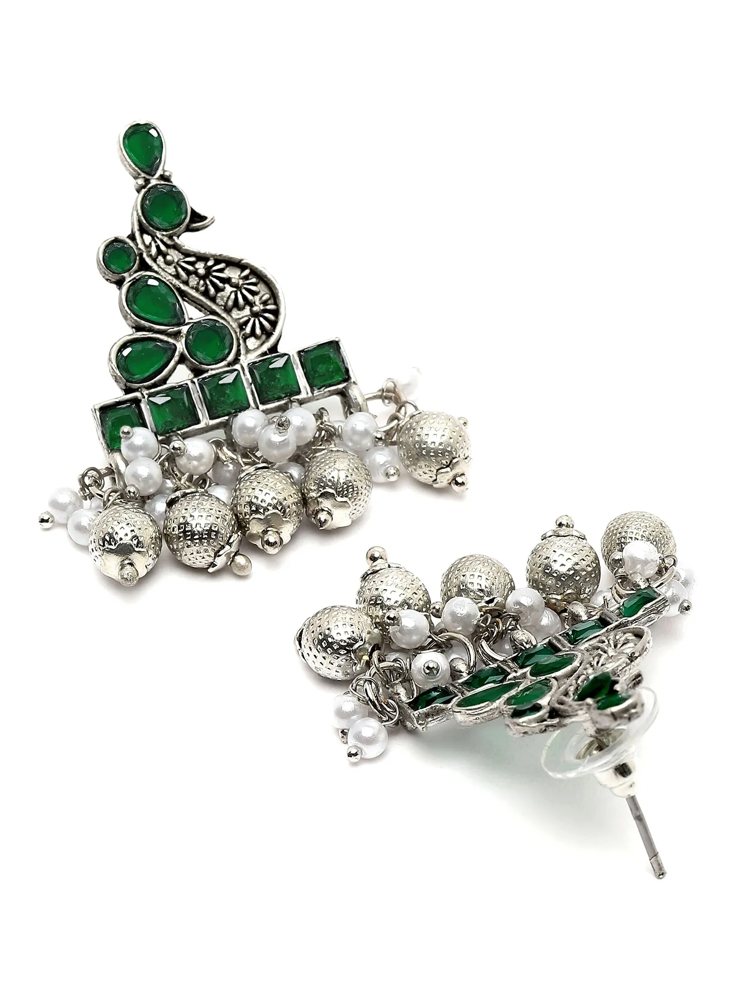 Karatcart Oxidised Silver Peacock Design Green Stone Drop Earring for Women