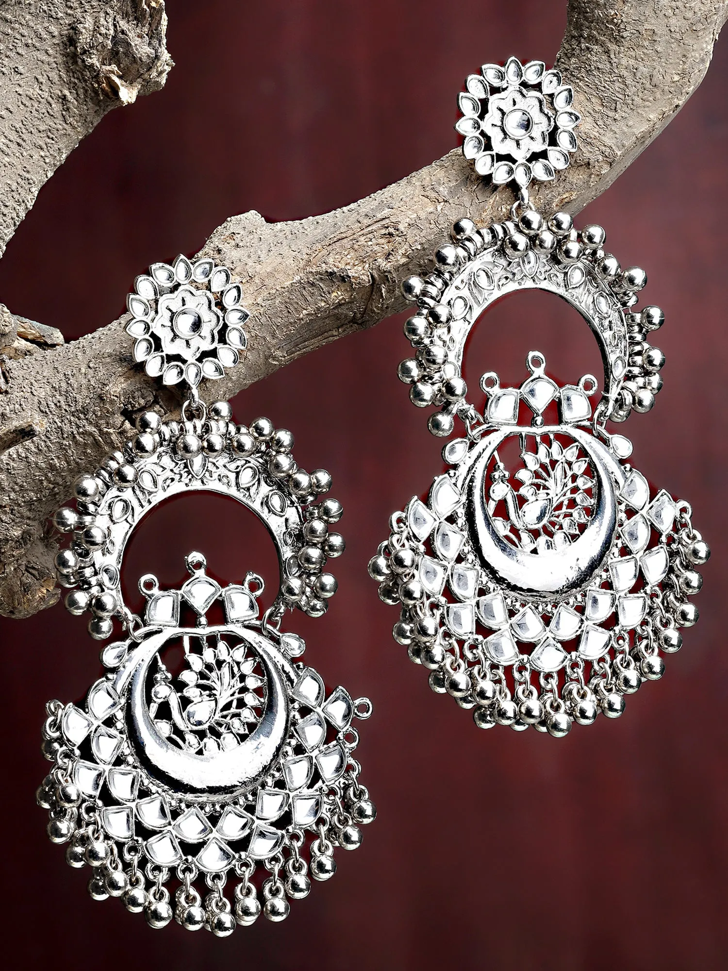 Karatcart Oxidised Silver Peacock Design Handcrafted Kundan Dangler Earrings for Women