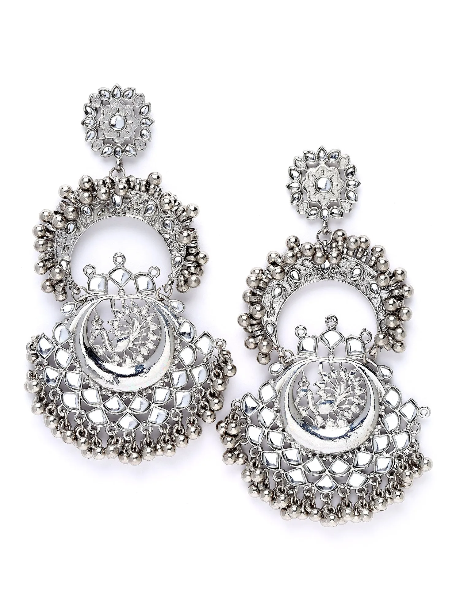 Karatcart Oxidised Silver Peacock Design Handcrafted Kundan Dangler Earrings for Women