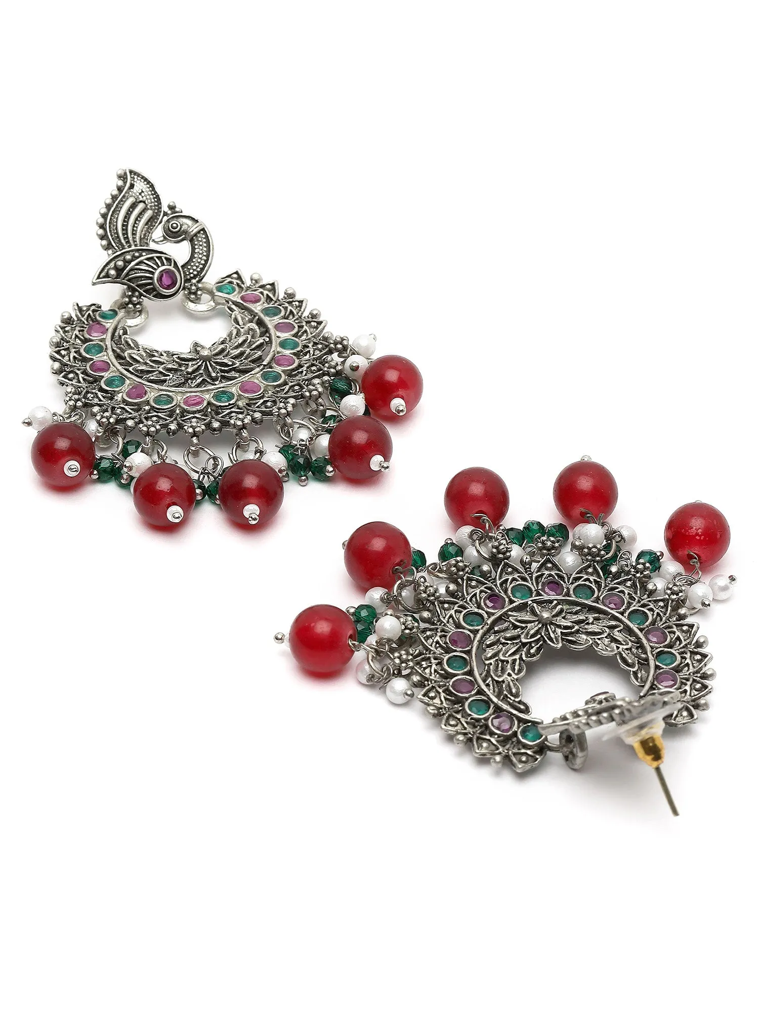 Karatcart Oxidised Silver Peacock Design Red and Green Kundan Dangler Earrings for Women