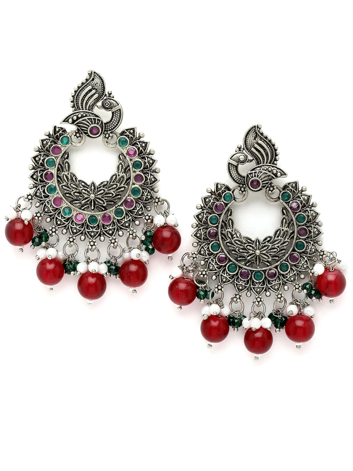 Karatcart Oxidised Silver Peacock Design Red and Green Kundan Dangler Earrings for Women