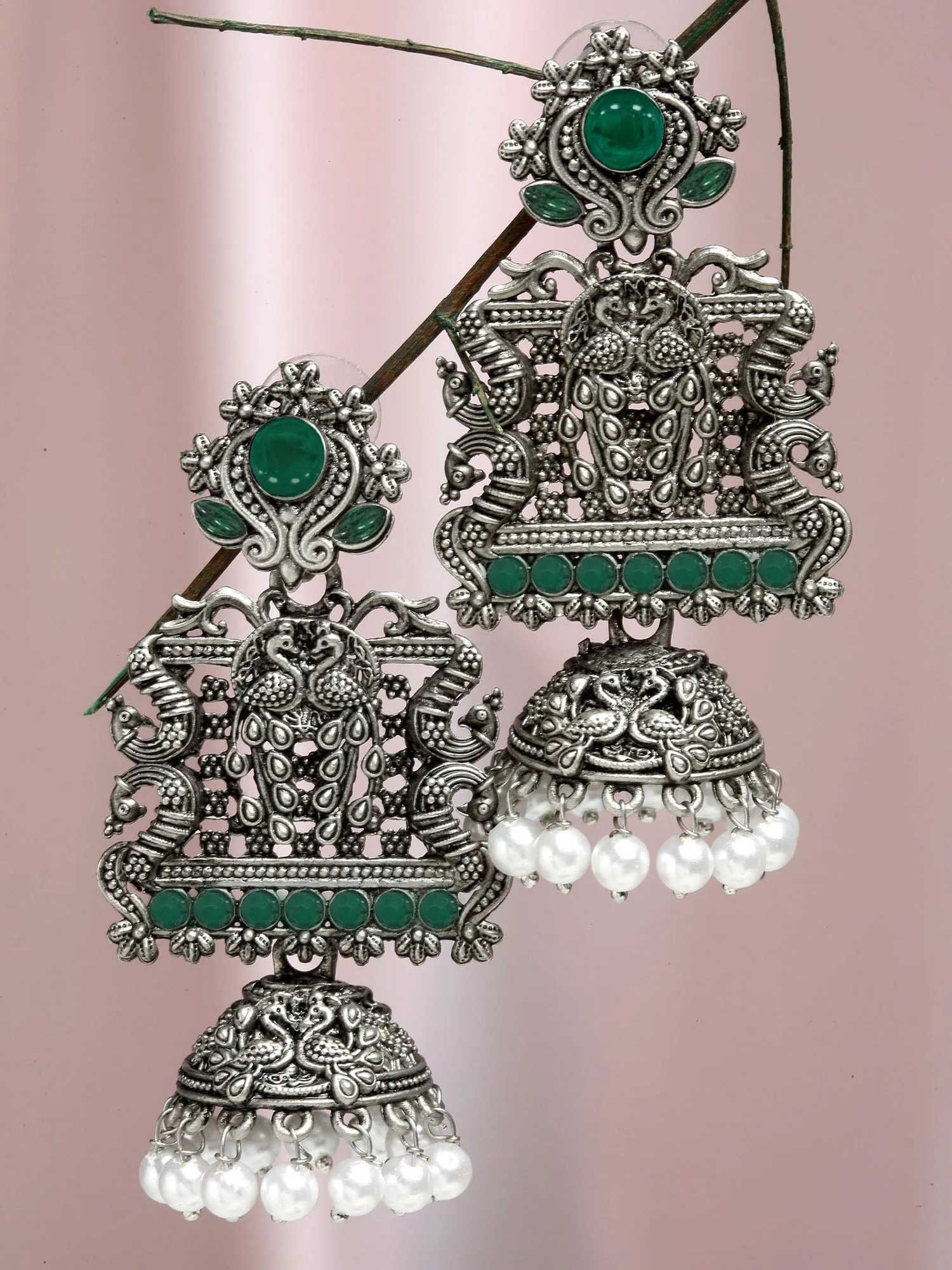 Karatcart Oxidised Silver Peacock Green Stone Studded Dangler Jhumki Earrings for Women