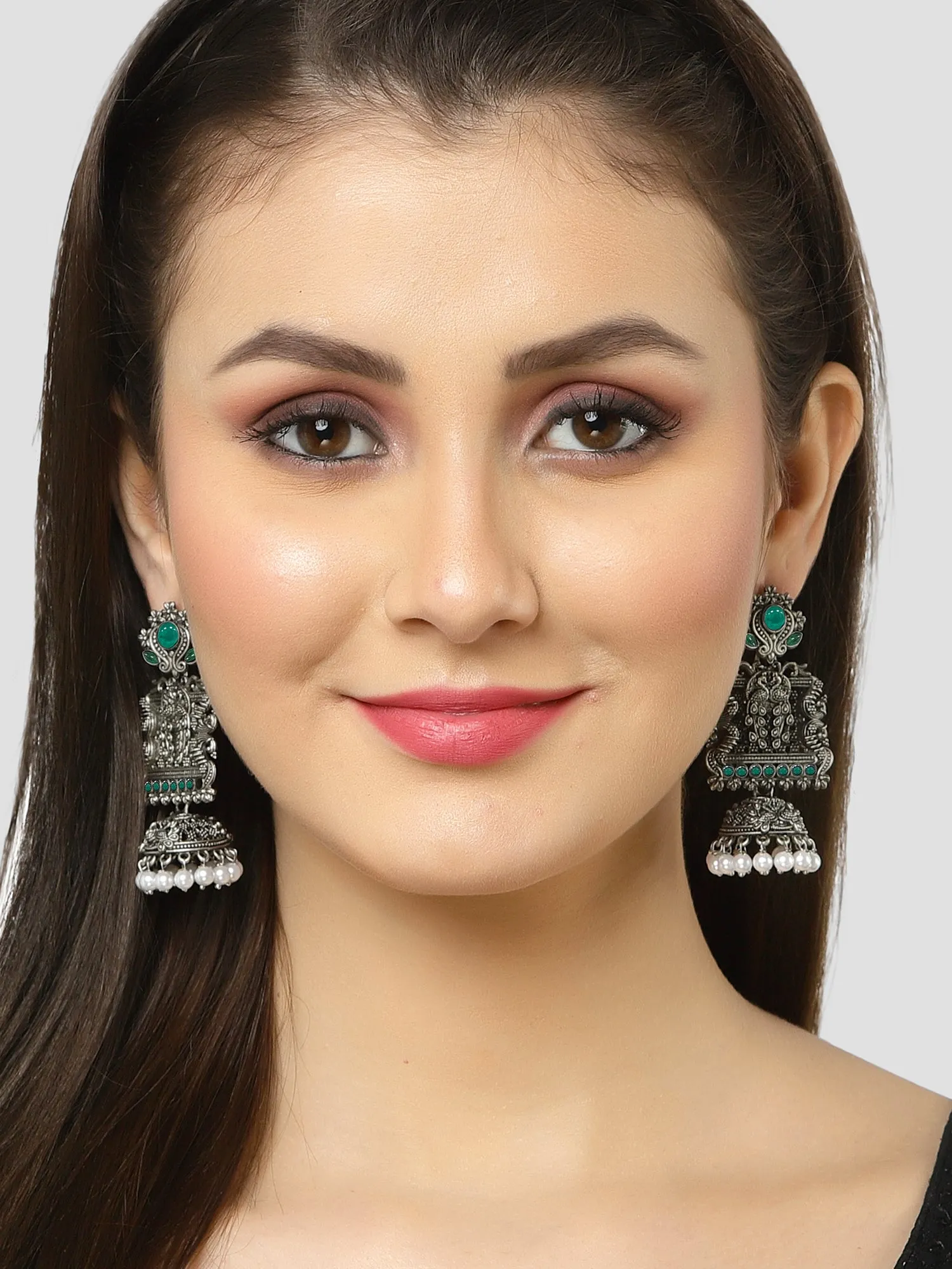 Karatcart Oxidised Silver Peacock Green Stone Studded Dangler Jhumki Earrings for Women