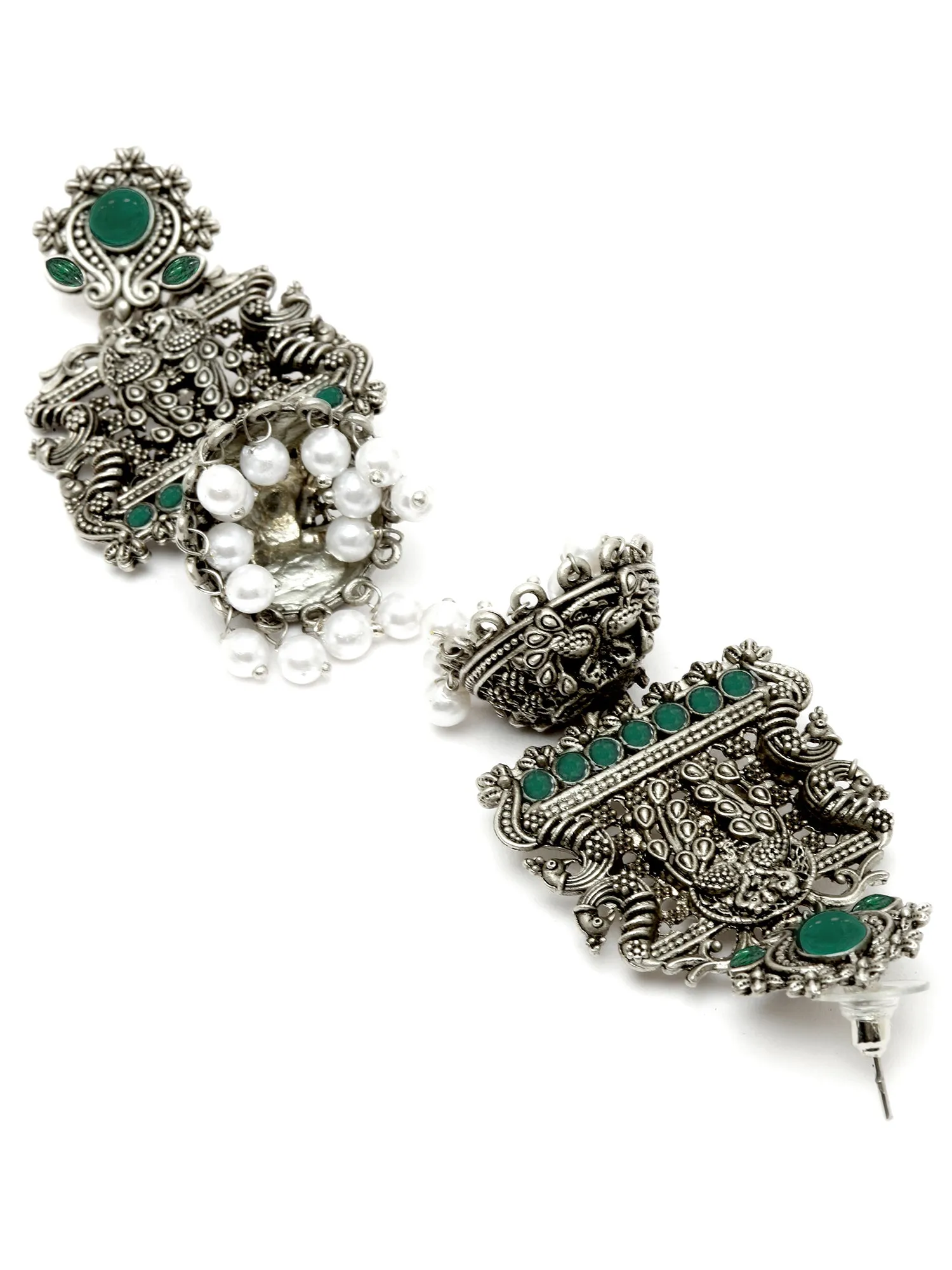 Karatcart Oxidised Silver Peacock Green Stone Studded Dangler Jhumki Earrings for Women