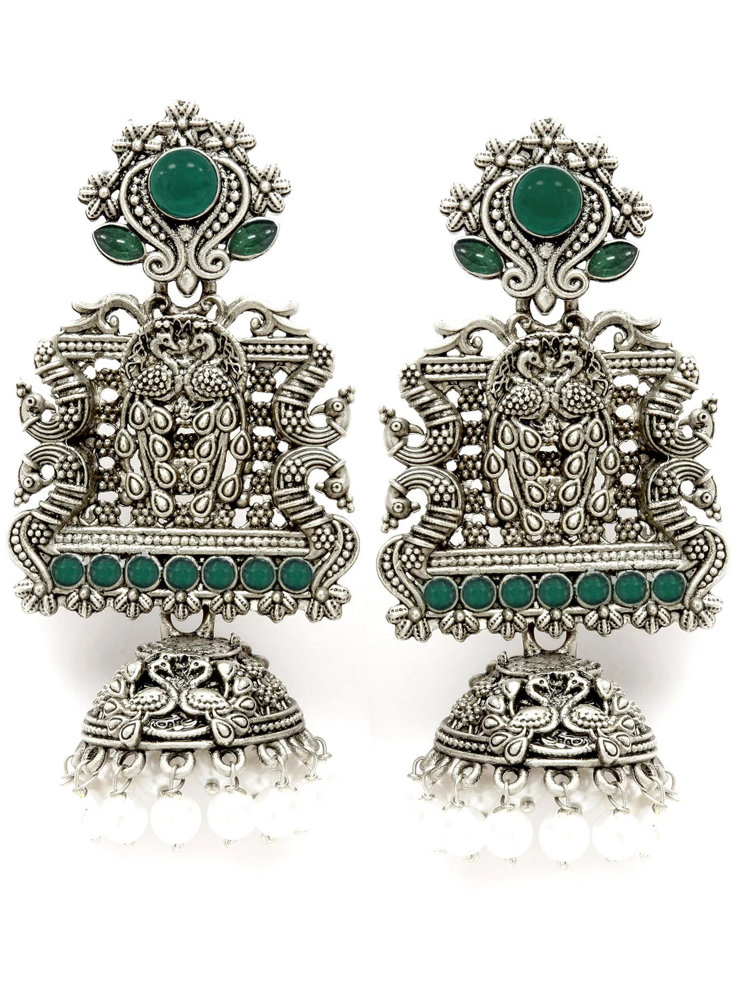 Karatcart Oxidised Silver Peacock Green Stone Studded Dangler Jhumki Earrings for Women
