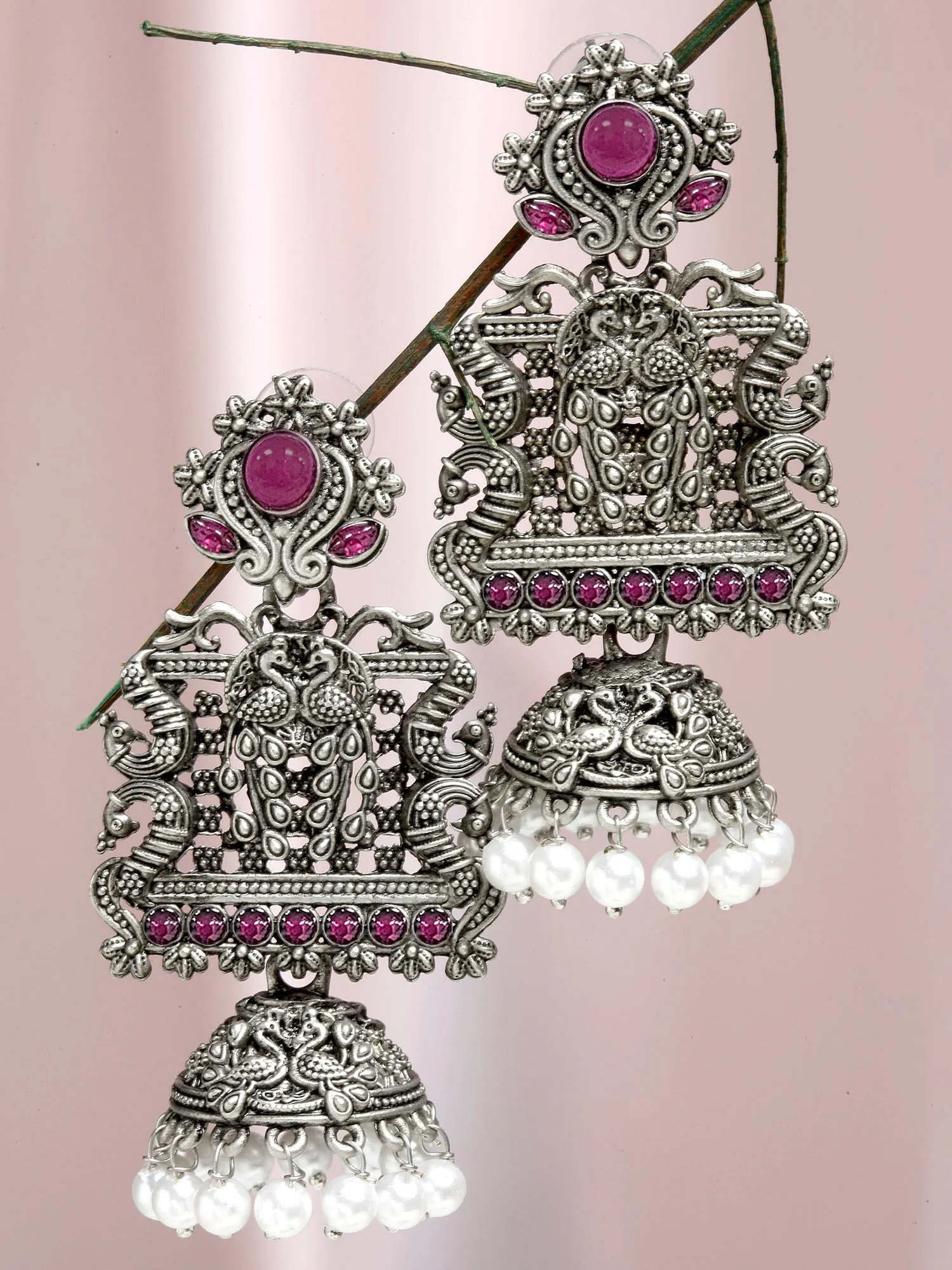 Karatcart Oxidised Silver Peacock Red Stone Studded Dangler Jhumki Earrings for Women