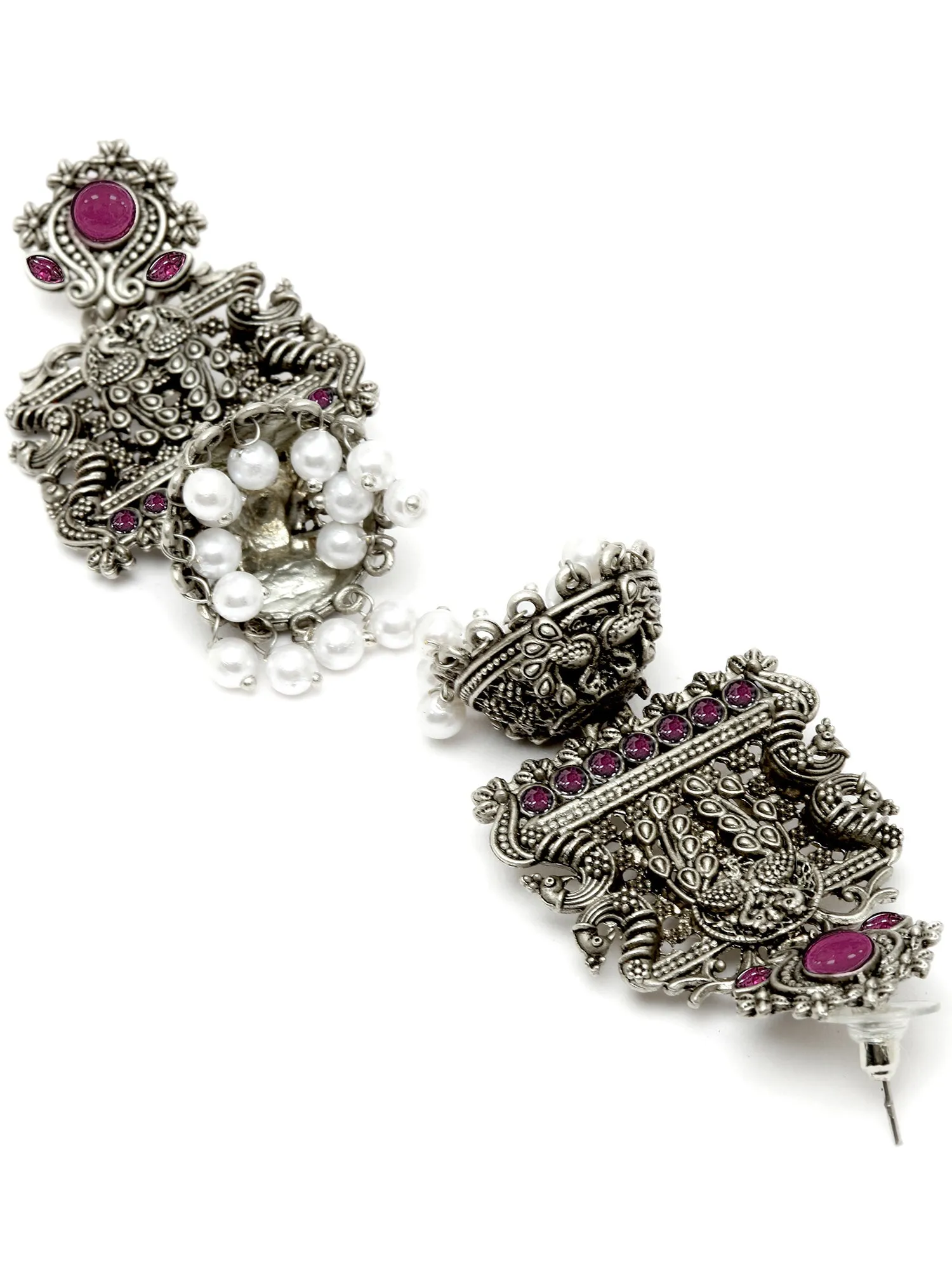 Karatcart Oxidised Silver Peacock Red Stone Studded Dangler Jhumki Earrings for Women