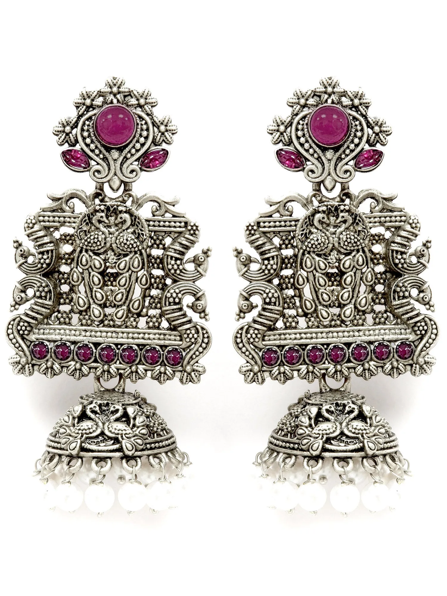 Karatcart Oxidised Silver Peacock Red Stone Studded Dangler Jhumki Earrings for Women
