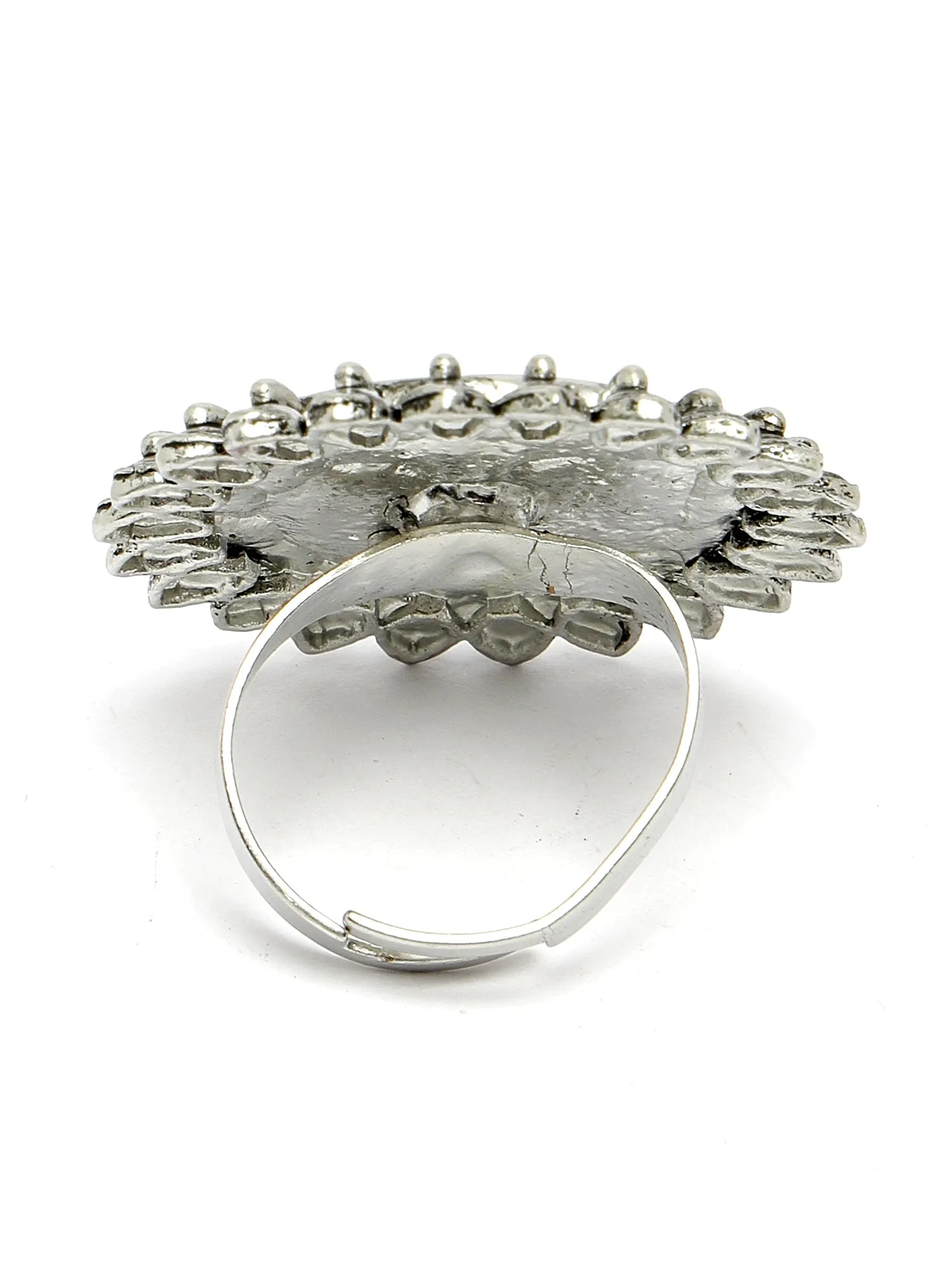 Karatcart Oxidised Silver Peacocok Design Yellow and Light Blue Meena Finger Ring for Women