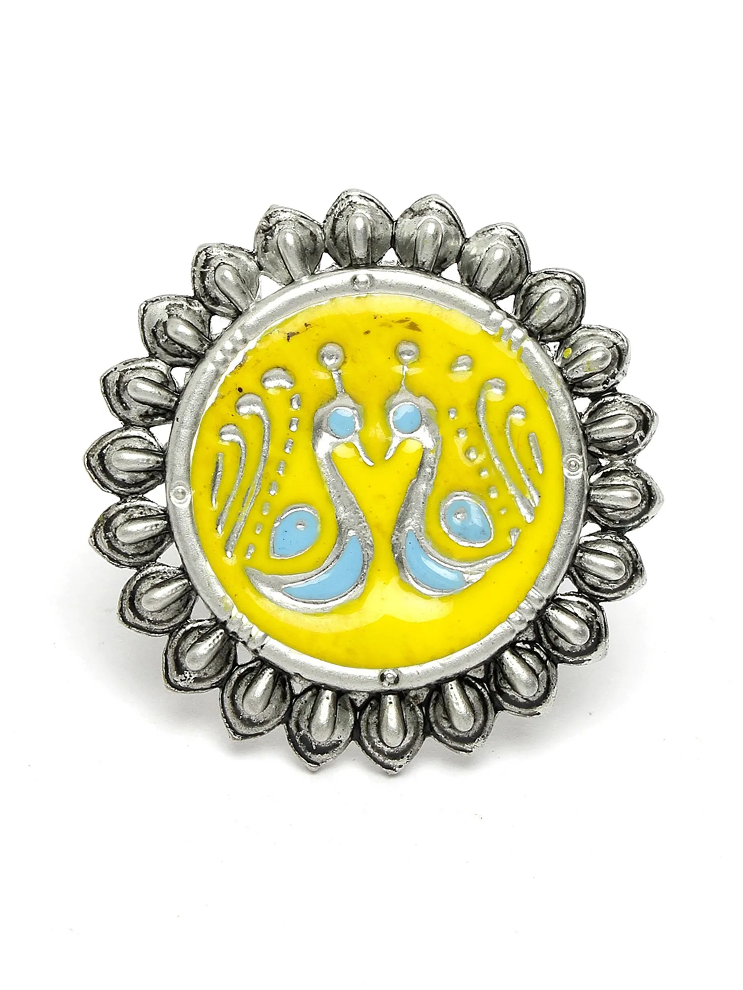 Karatcart Oxidised Silver Peacocok Design Yellow and Light Blue Meena Finger Ring for Women