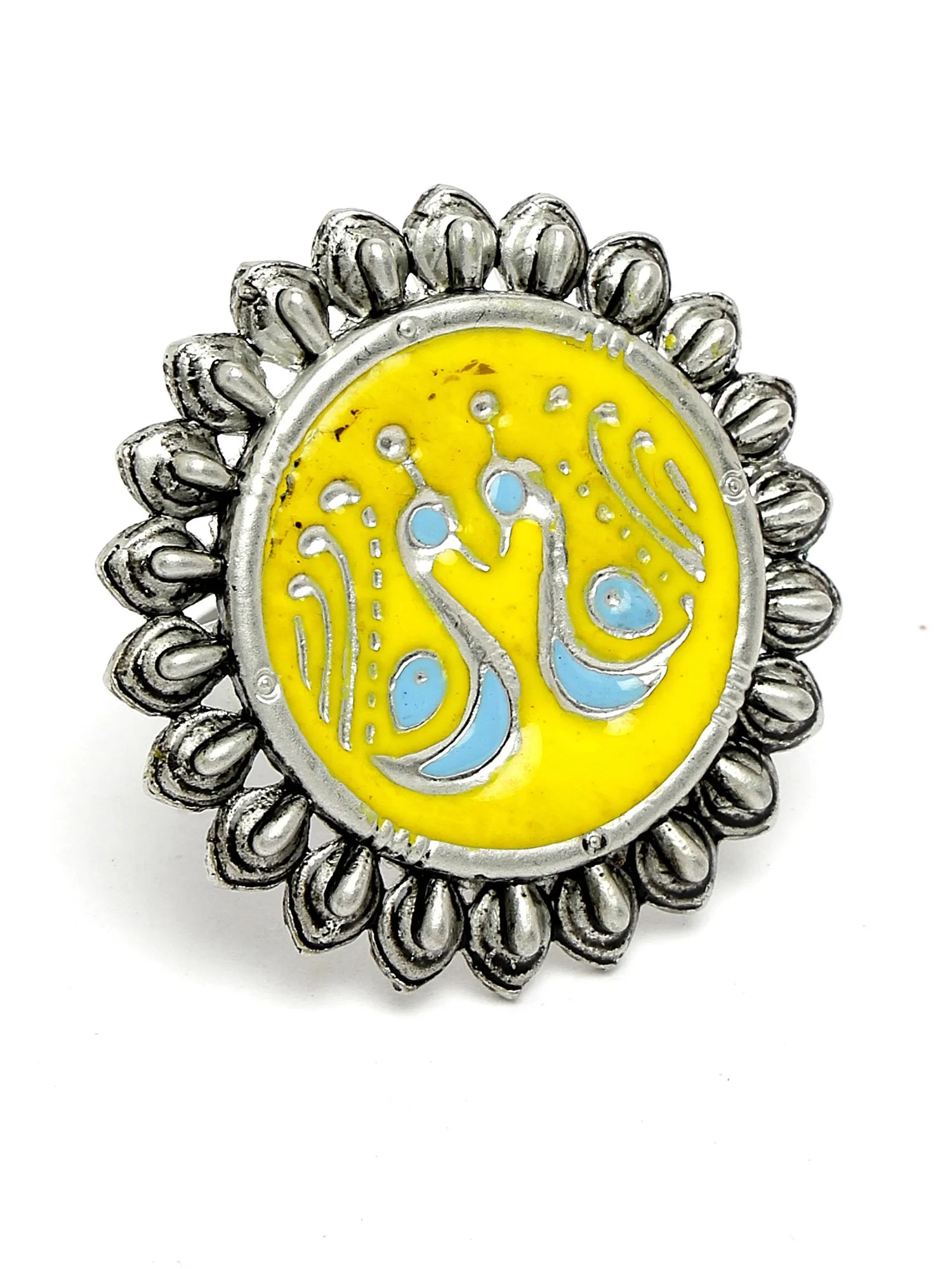 Karatcart Oxidised Silver Peacocok Design Yellow and Light Blue Meena Finger Ring for Women