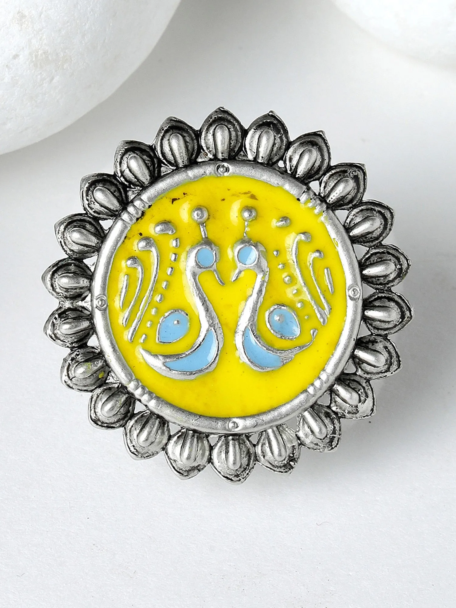 Karatcart Oxidised Silver Peacocok Design Yellow and Light Blue Meena Finger Ring for Women