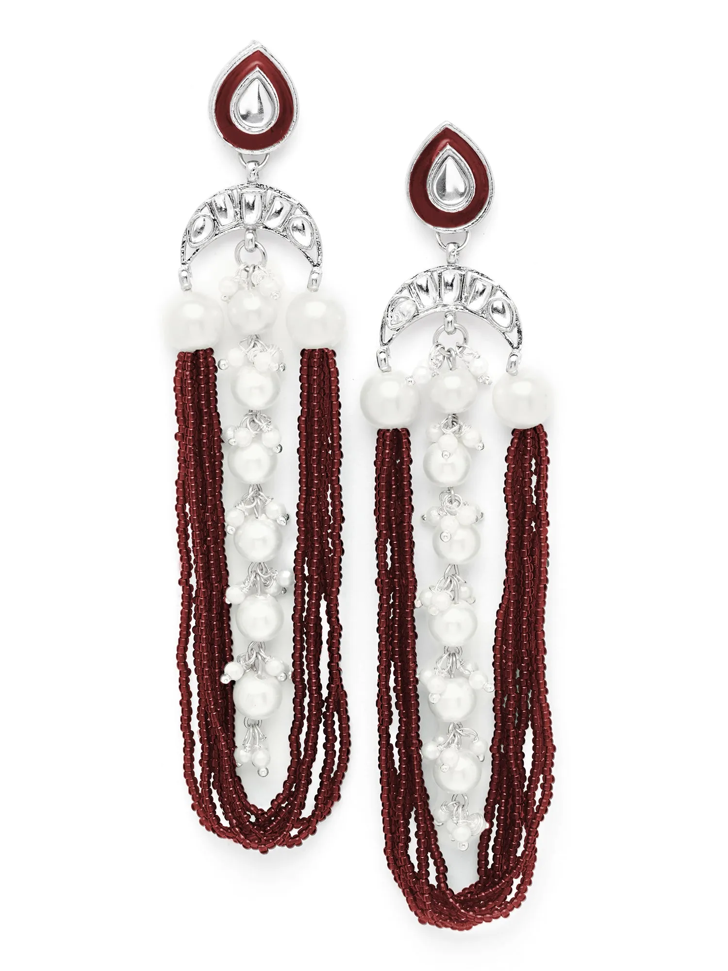 Karatcart Oxidised Silver Pearl and Green Moti Studded Kundan Drop Earrings for Women