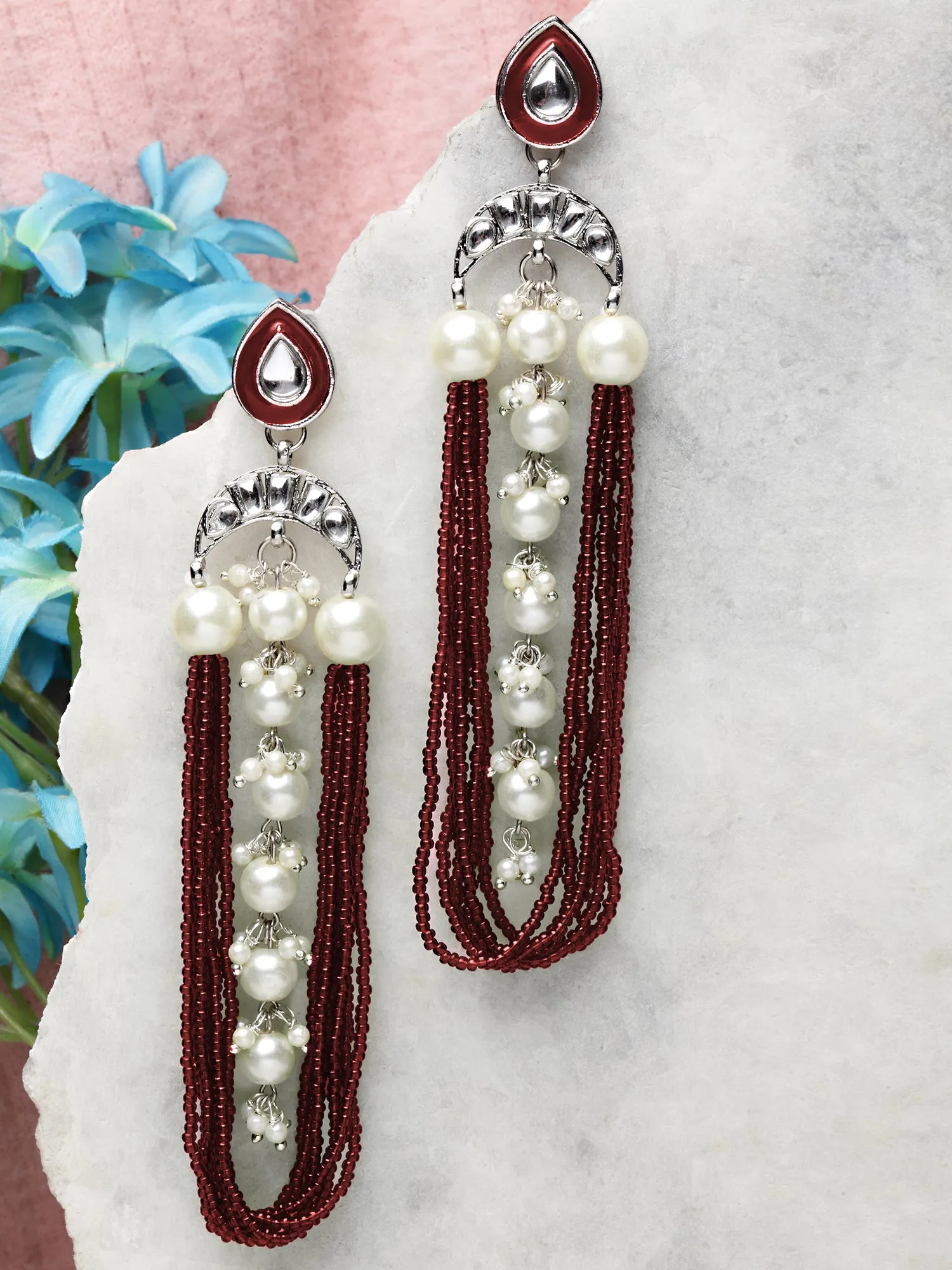 Karatcart Oxidised Silver Pearl and Green Moti Studded Kundan Drop Earrings for Women