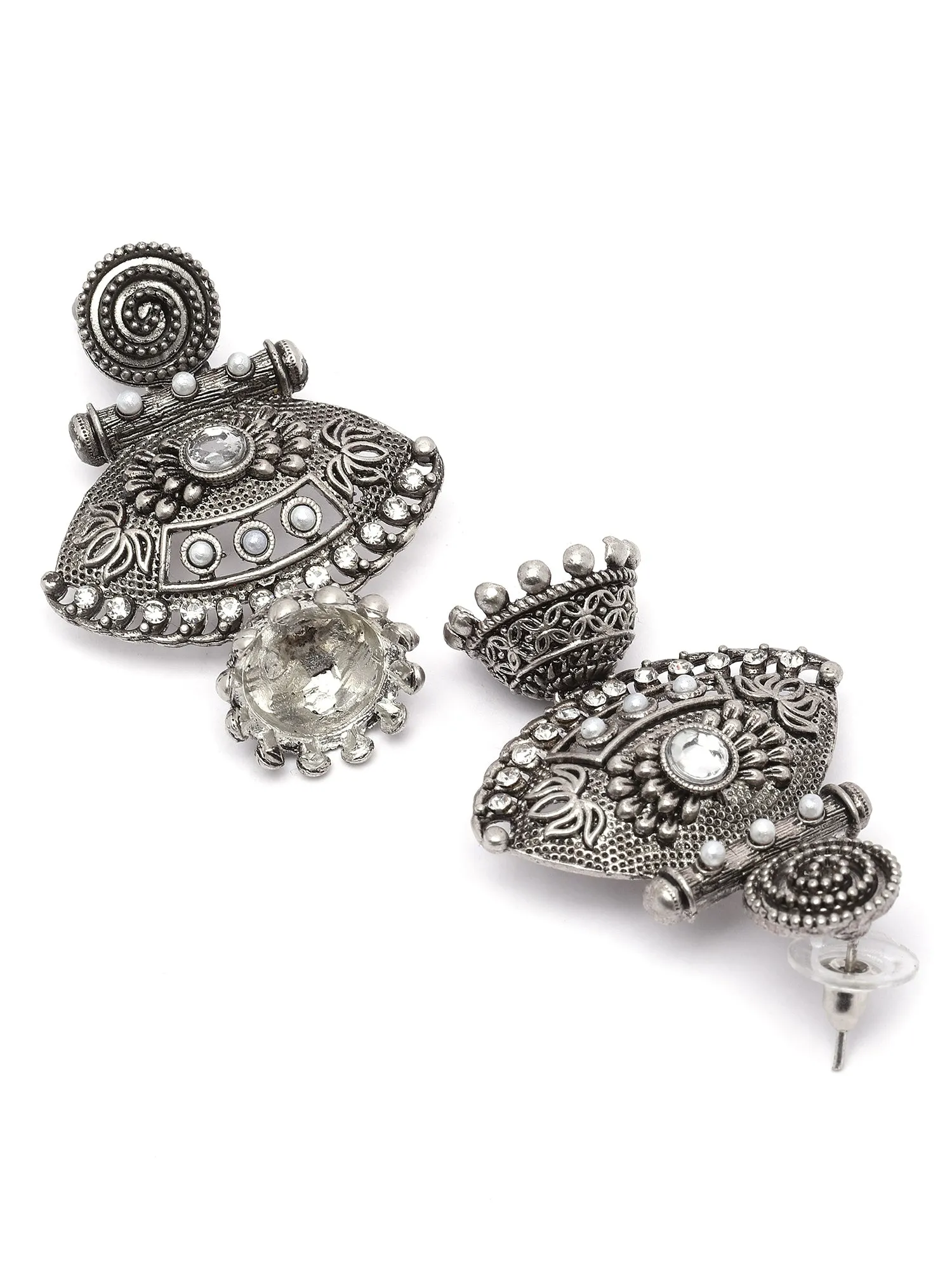 Karatcart Oxidised Silver Pearl and Kundan Studded Drop Jhumki Earrings for Women