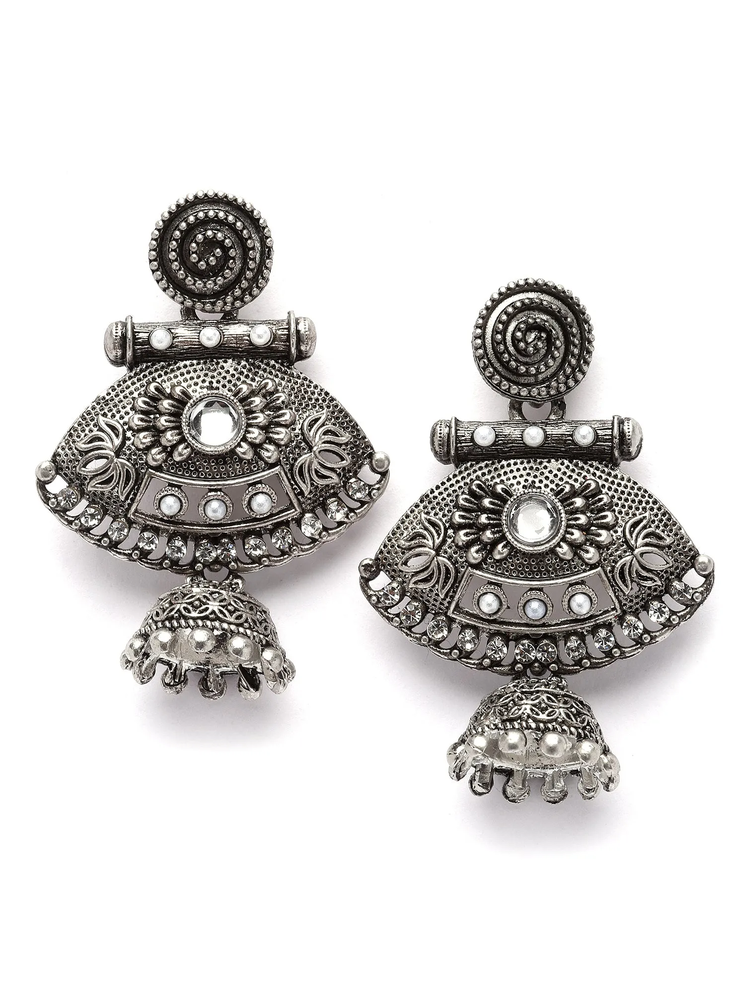 Karatcart Oxidised Silver Pearl and Kundan Studded Drop Jhumki Earrings for Women