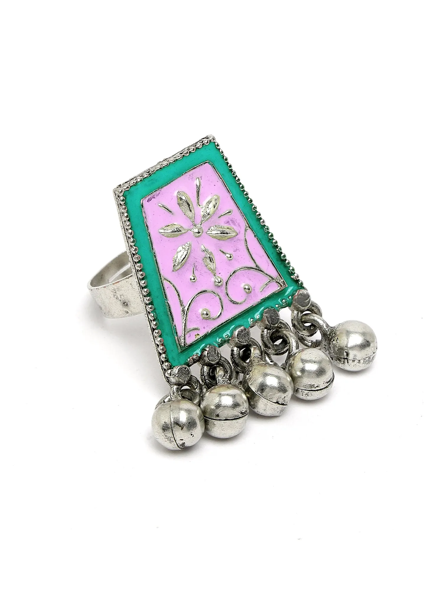 Karatcart Oxidised Silver Pink and Lime Green Meena Finger Ring for Women