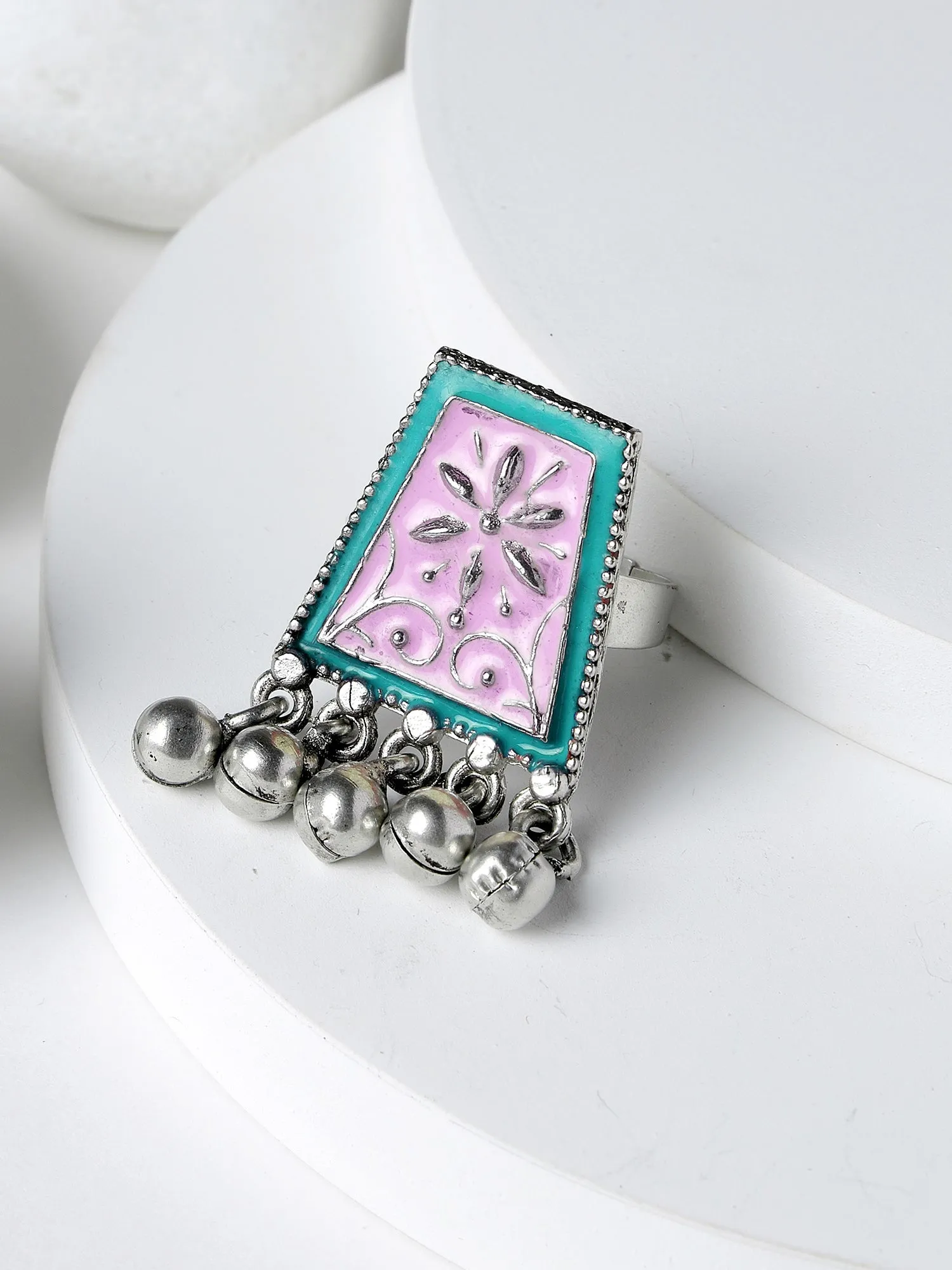 Karatcart Oxidised Silver Pink and Lime Green Meena Finger Ring for Women