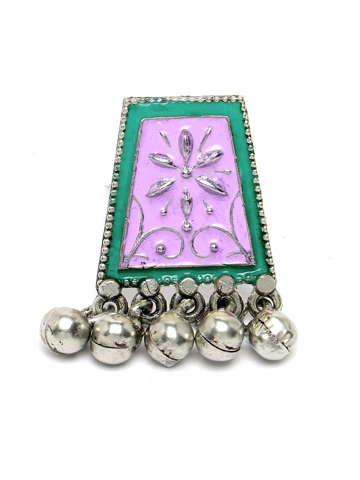 Karatcart Oxidised Silver Pink and Lime Green Meena Finger Ring for Women
