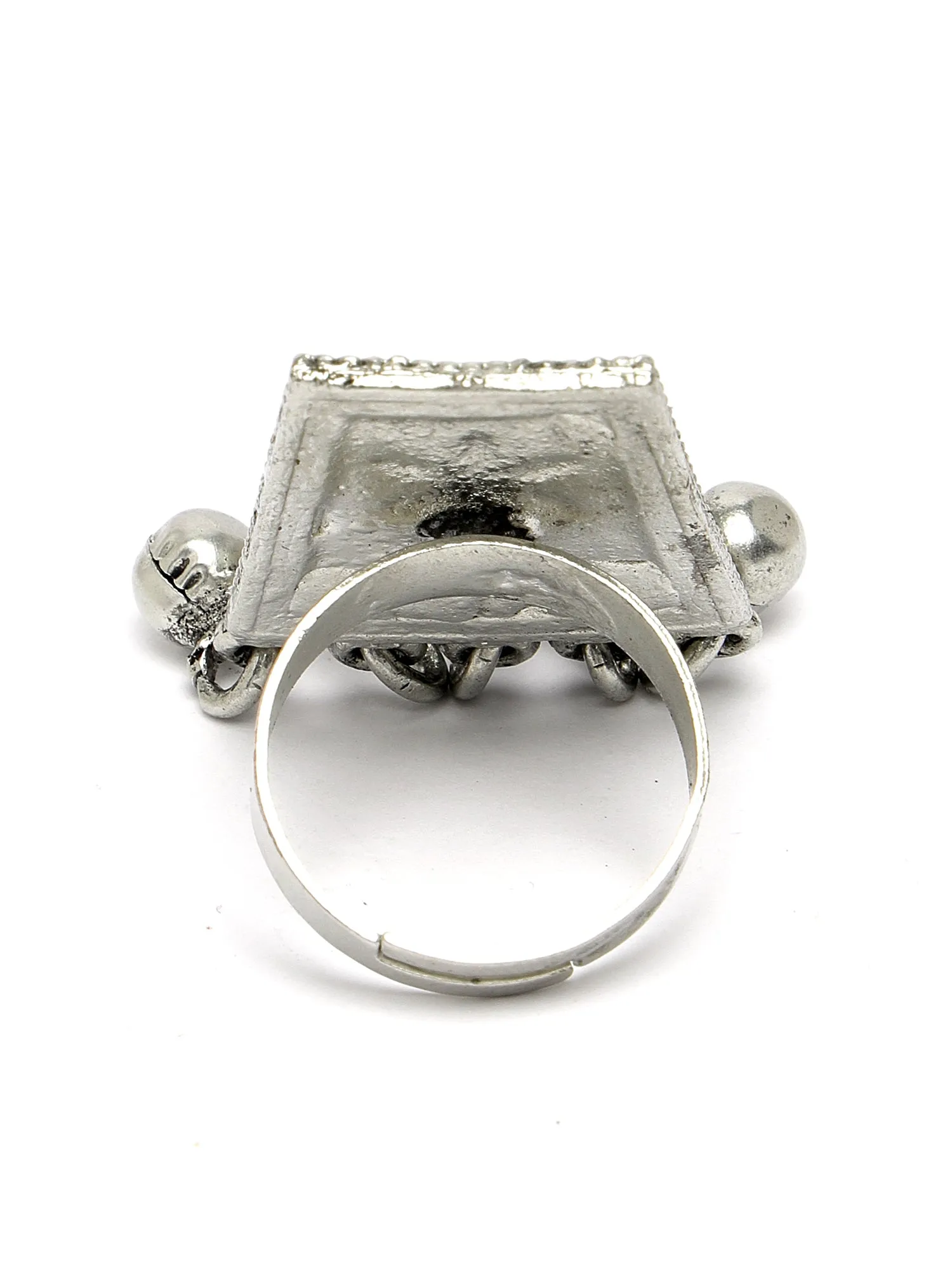 Karatcart Oxidised Silver Pink and Lime Green Meena Finger Ring for Women