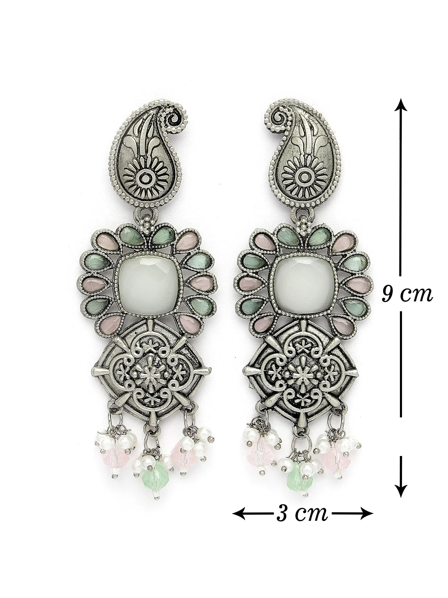 Karatcart Oxidised Silver Pink and Lime Green Stone Floral Design Kundan Dangler Earrings for Women