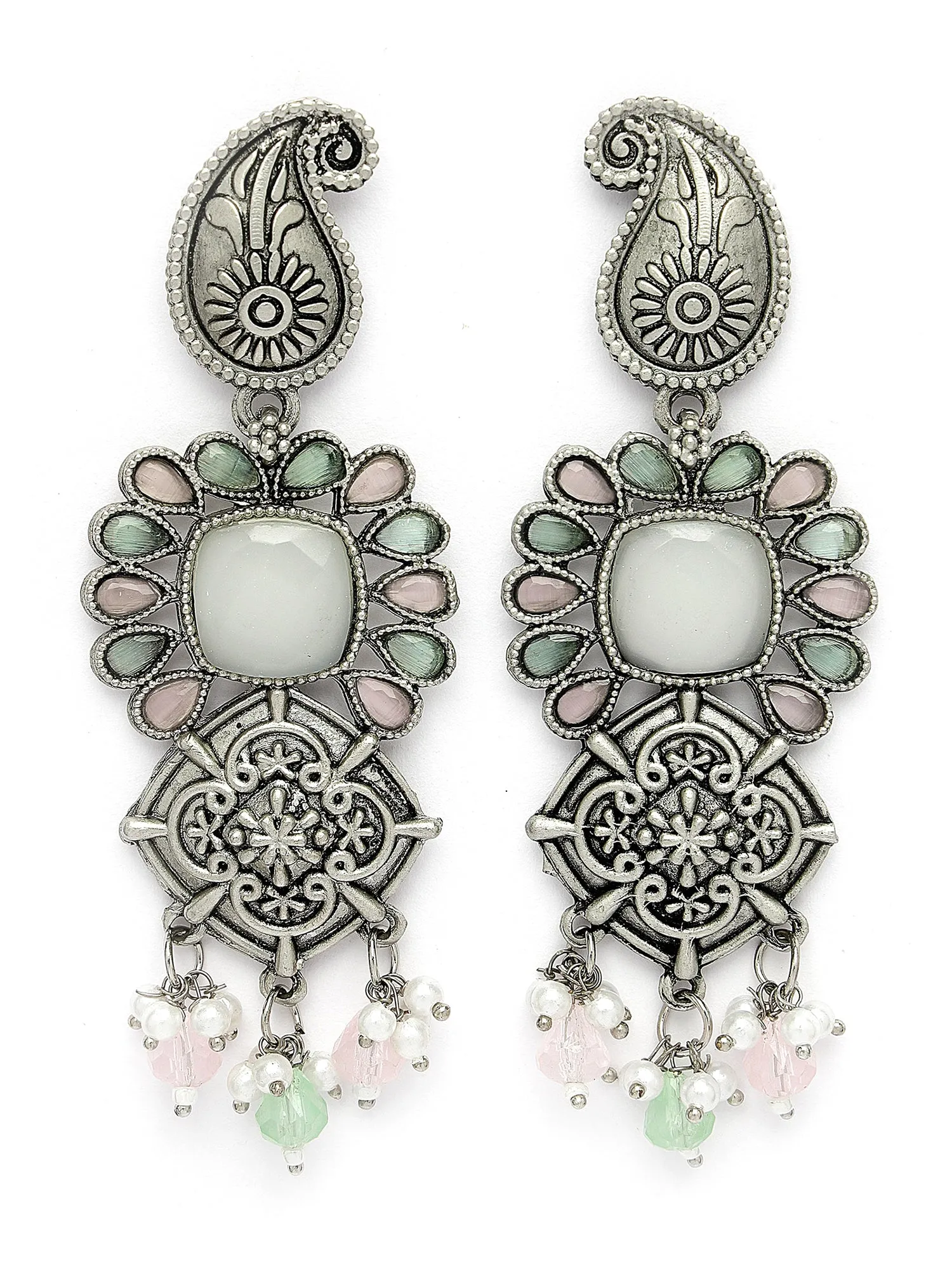 Karatcart Oxidised Silver Pink and Lime Green Stone Floral Design Kundan Dangler Earrings for Women