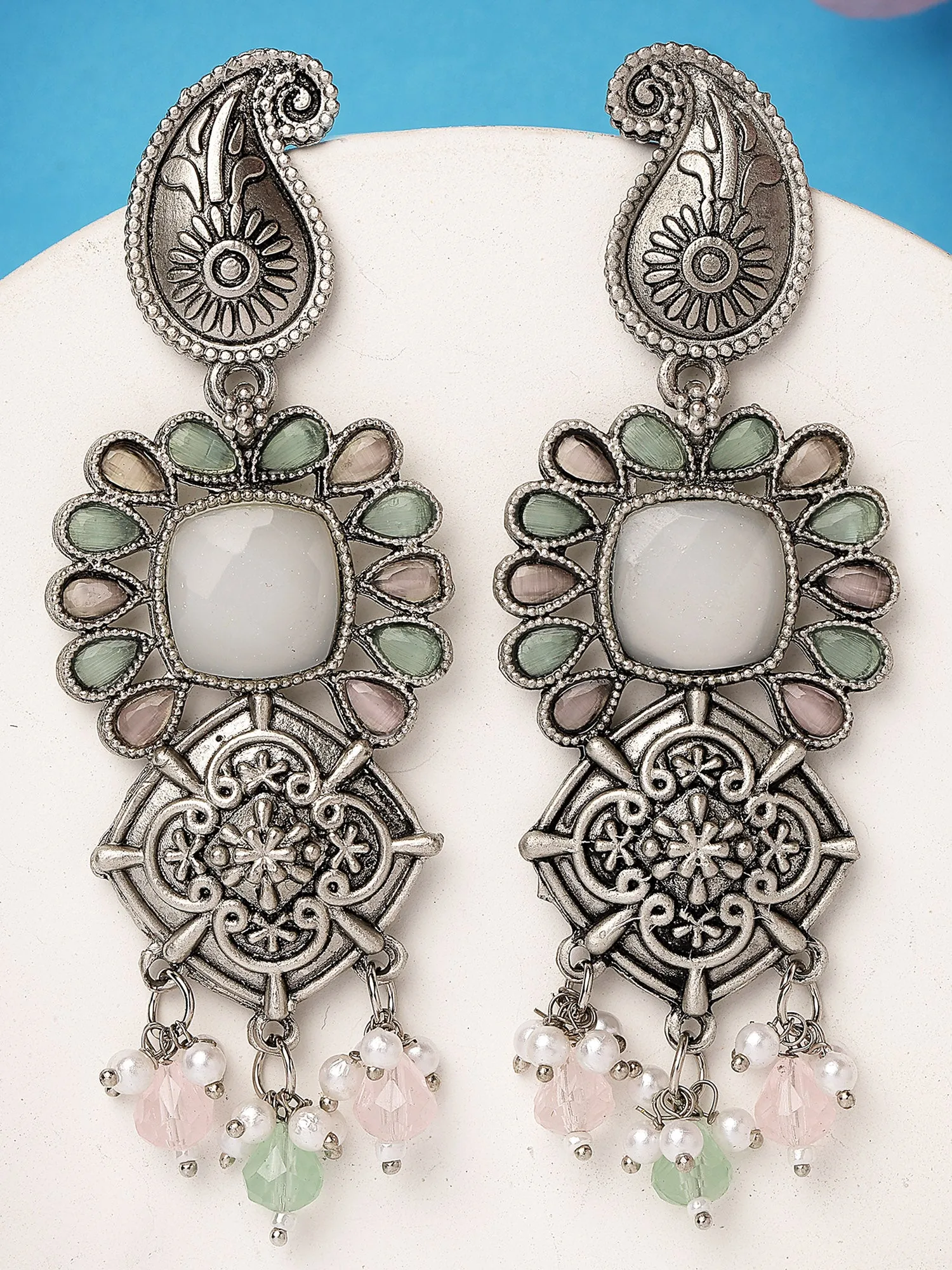 Karatcart Oxidised Silver Pink and Lime Green Stone Floral Design Kundan Dangler Earrings for Women