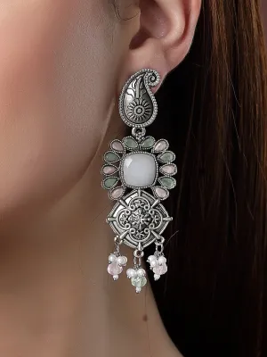 Karatcart Oxidised Silver Pink and Lime Green Stone Floral Design Kundan Dangler Earrings for Women