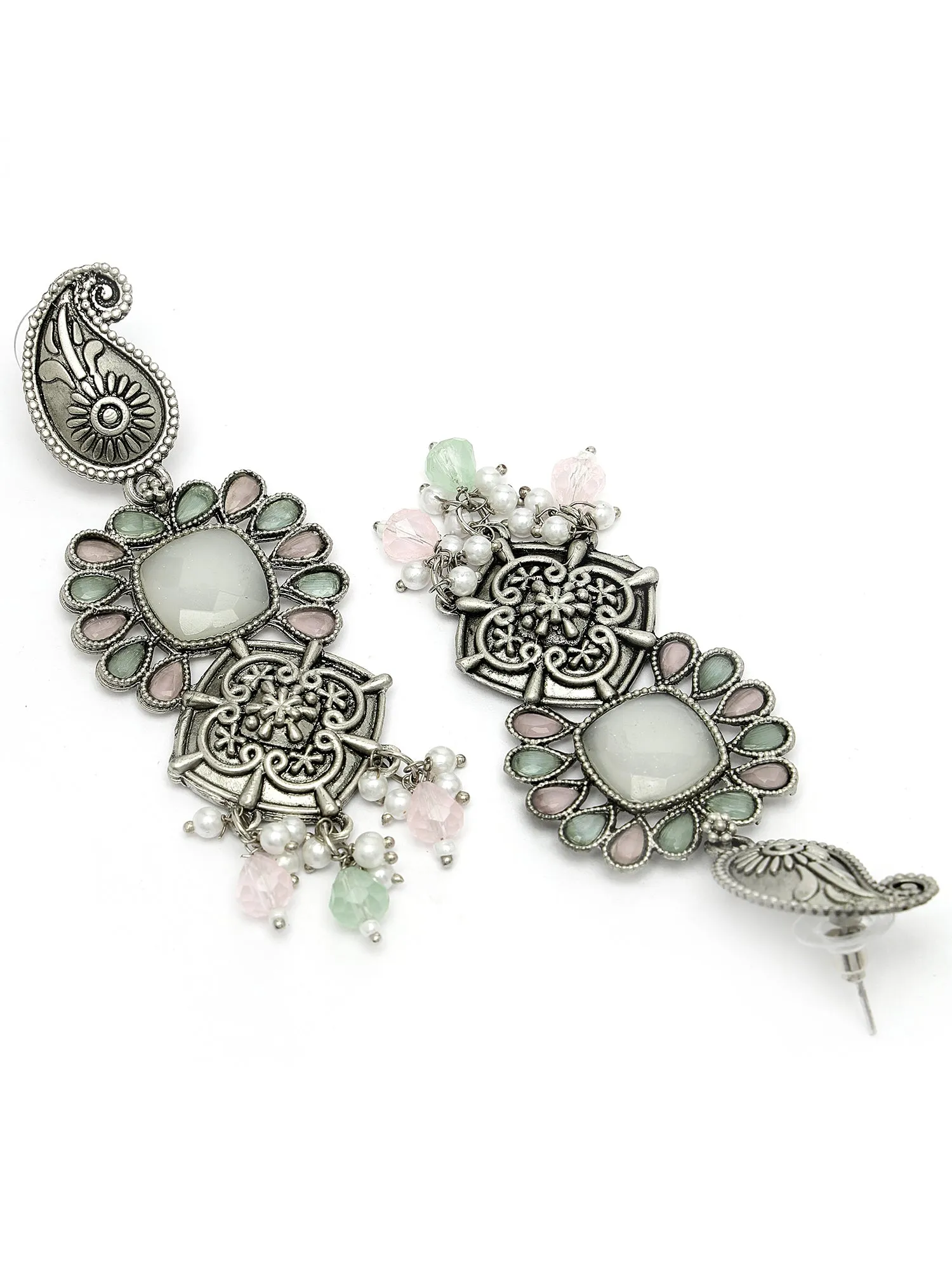 Karatcart Oxidised Silver Pink and Lime Green Stone Floral Design Kundan Dangler Earrings for Women
