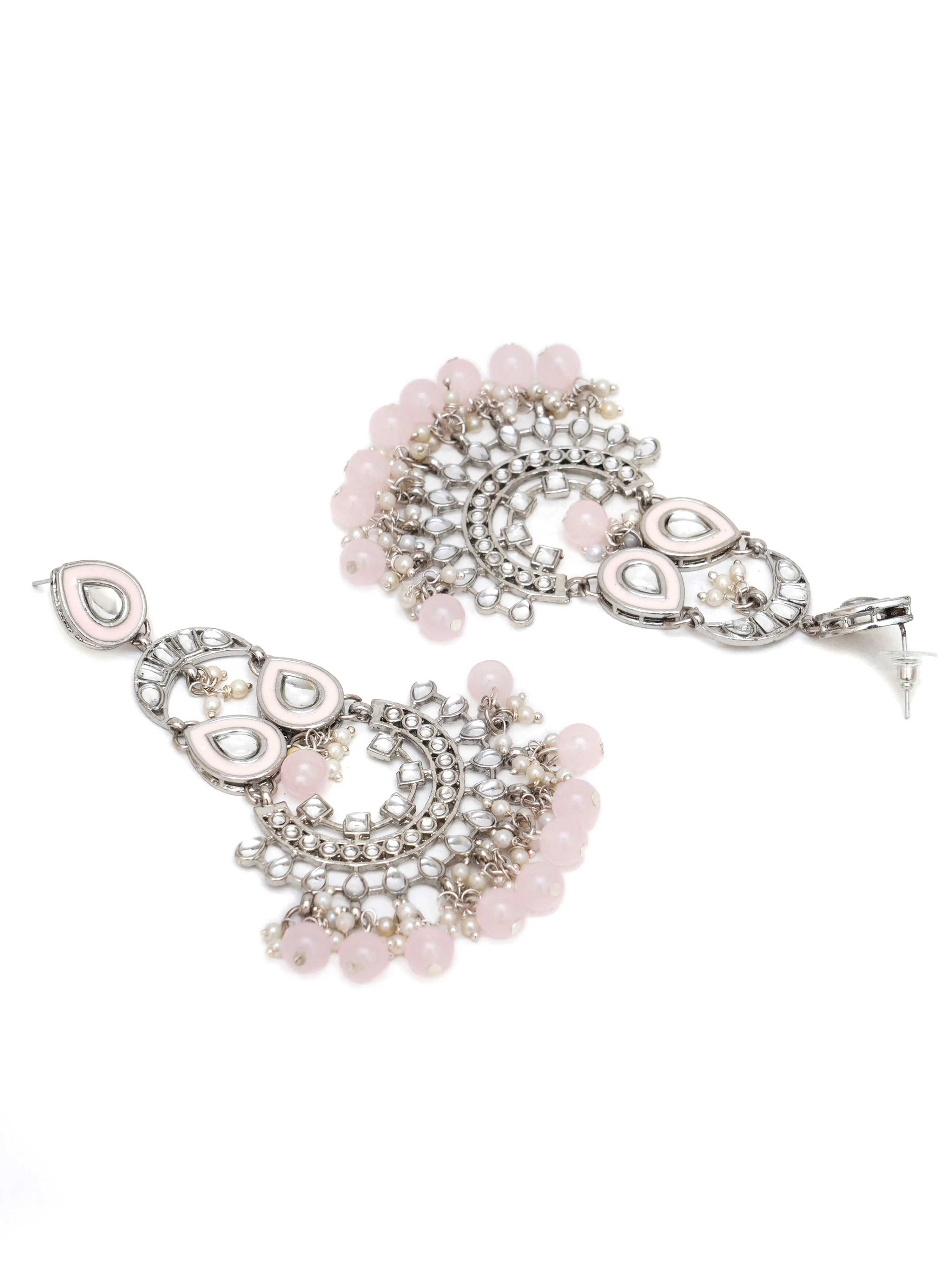 Karatcart Oxidised Silver Pink Beads Kundan Dangler Earrings for Women