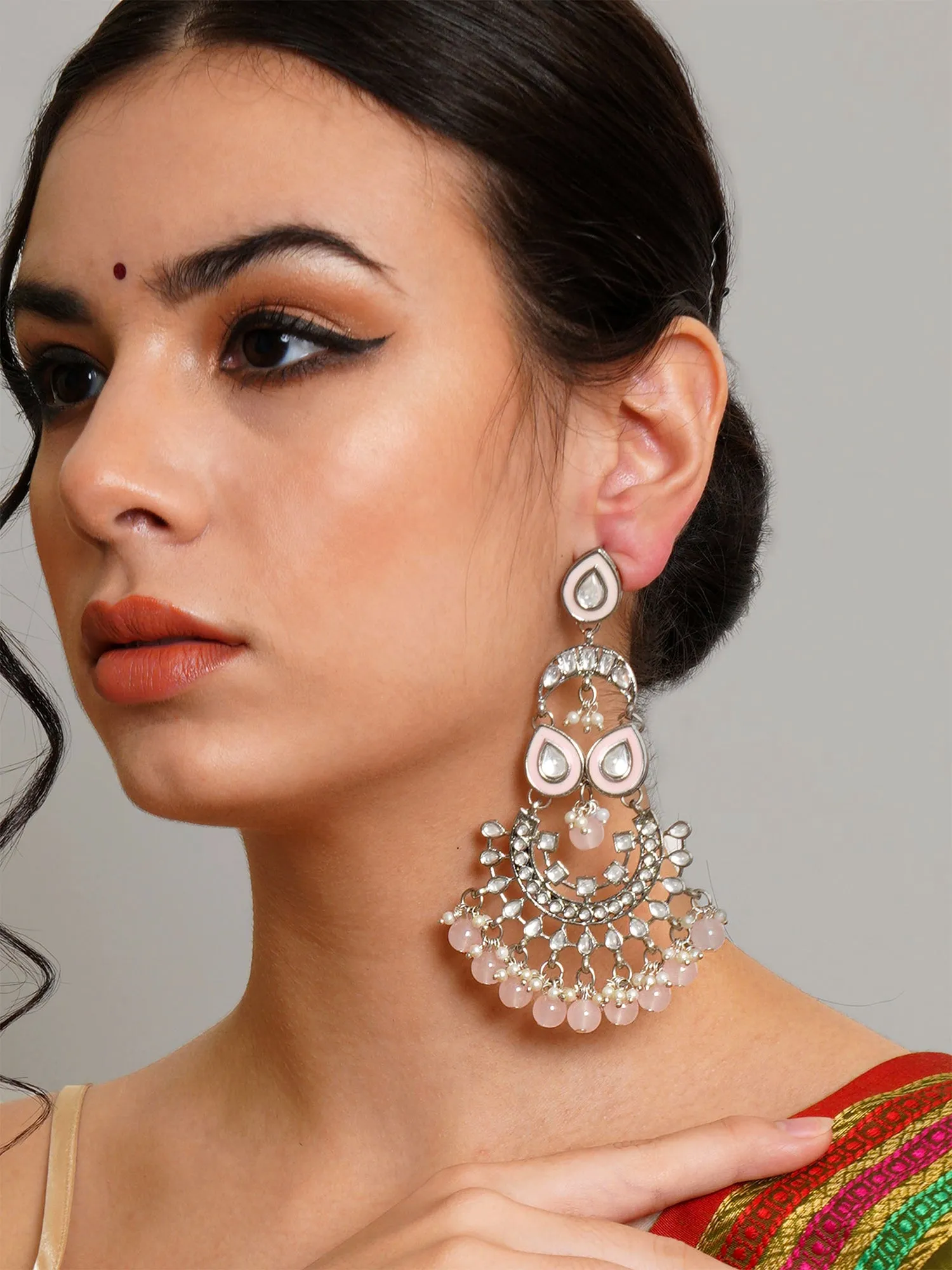 Karatcart Oxidised Silver Pink Beads Kundan Dangler Earrings for Women